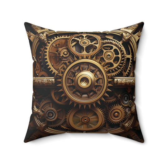 Steampunk Throw Pillow - Golden Gears on Tan, Spun Square Polyester Cushion for Home Decor, Unique Gift for Sci-Fi Fans