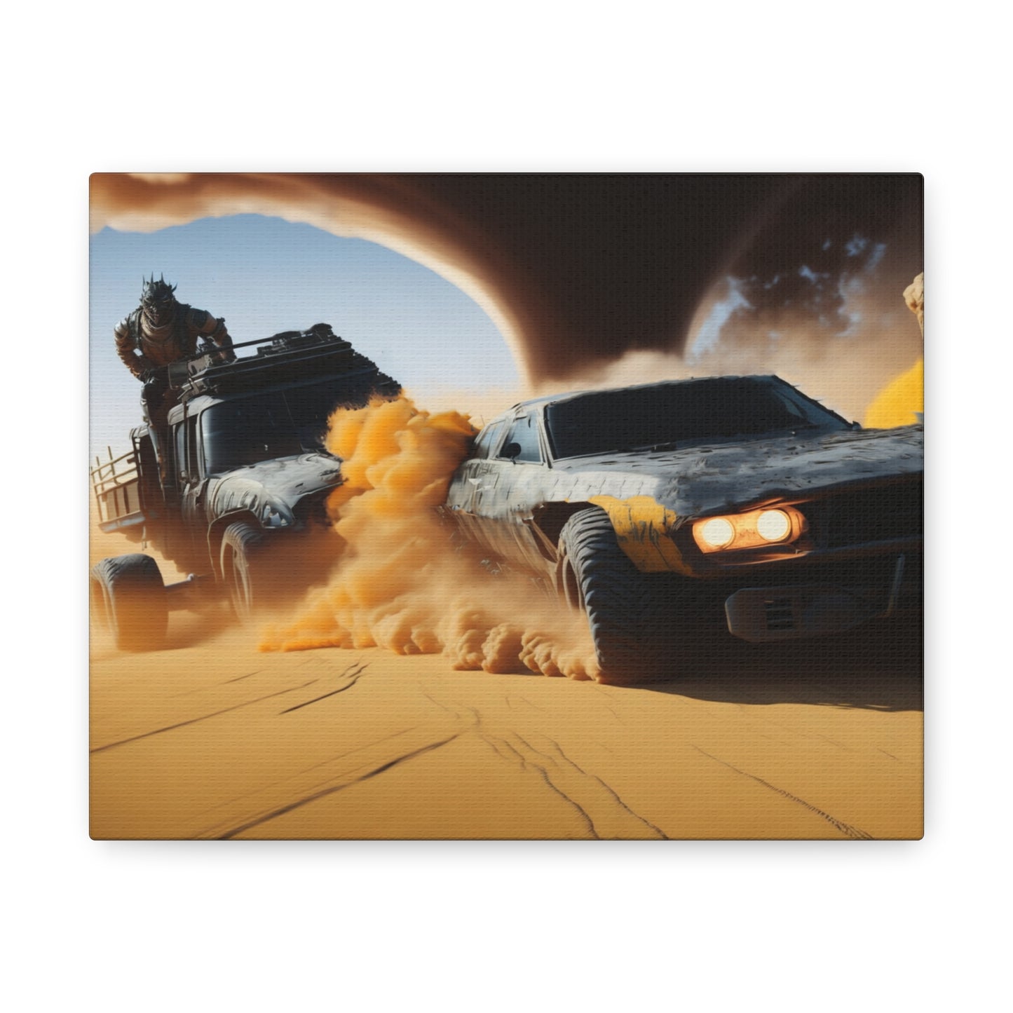 Apocalyptic Desert Chase Canvas Wall Art, Mad Max Style Vehicle Duel with Twister, Bold Living Room Decor, Adventure Seeker Gift