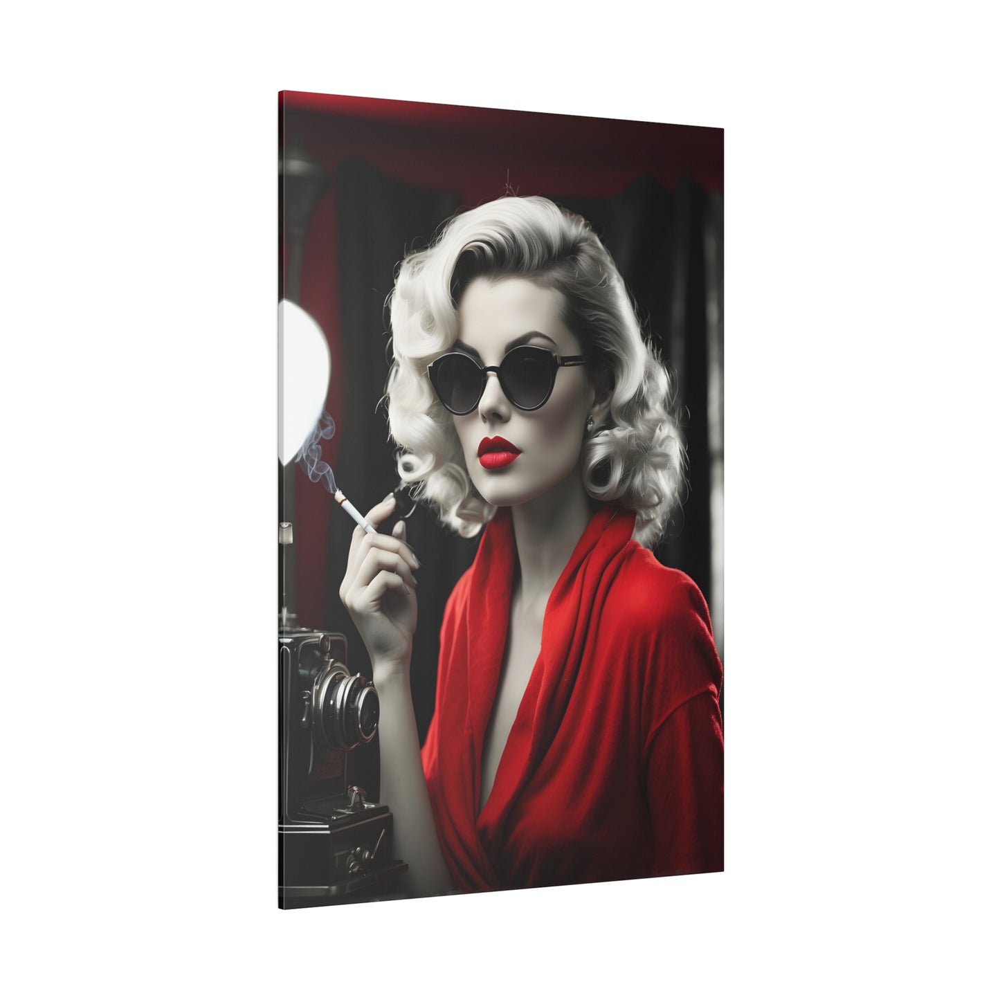 Classic Hollywood Glamour - Timeless Beauty in Red Canvas Print - Vintage-Inspired Starlet with Camera - Available from 8x10 to 32x48 inches