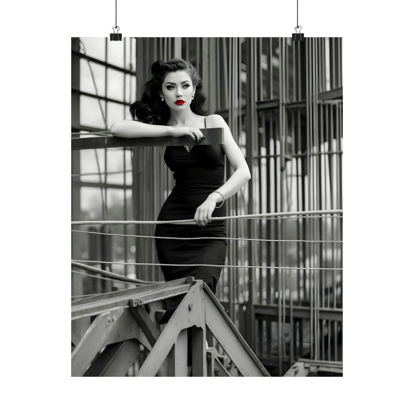 1950s-Inspired Monochrome Model Poster with Bold Red Lips - Retro Pin-Up Wall Art for Vintage Fashion Enthusiasts, Black and White Print