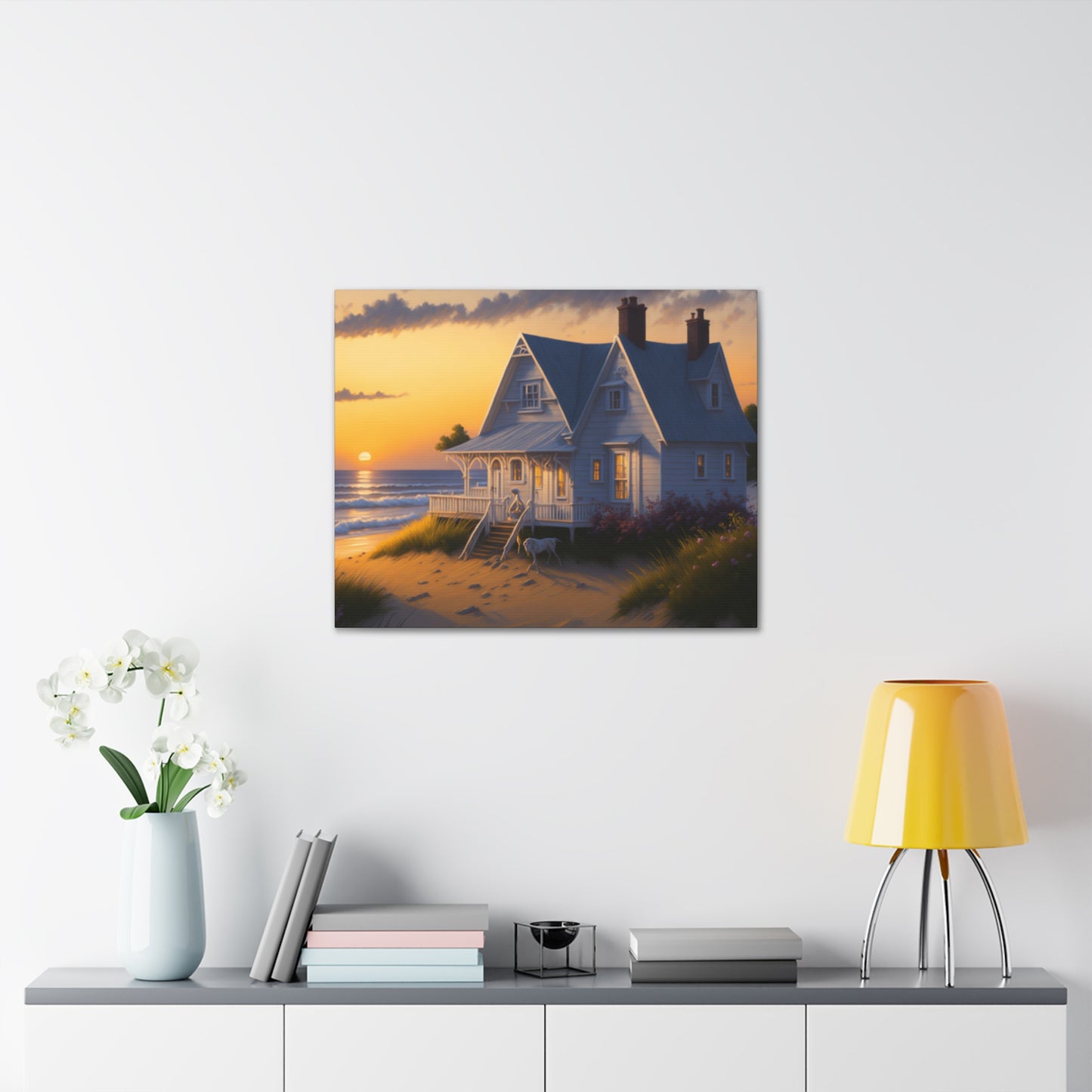 Coastal Retreat: Beach Cottage Canvas Wrap, Idyllic Coastal Landscapes, Serene Ocean Views, and Beachside Escapes, Sandy Beaches.