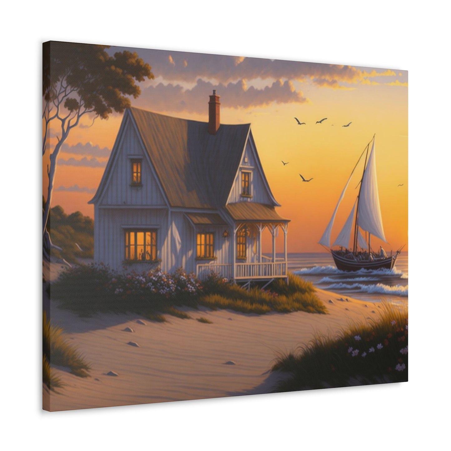 Coastal Retreat: Beach Cottage Canvas Wrap, Idyllic Coastal Landscapes, Serene Ocean Views, and Beachside Escapes, Sandy Beaches.