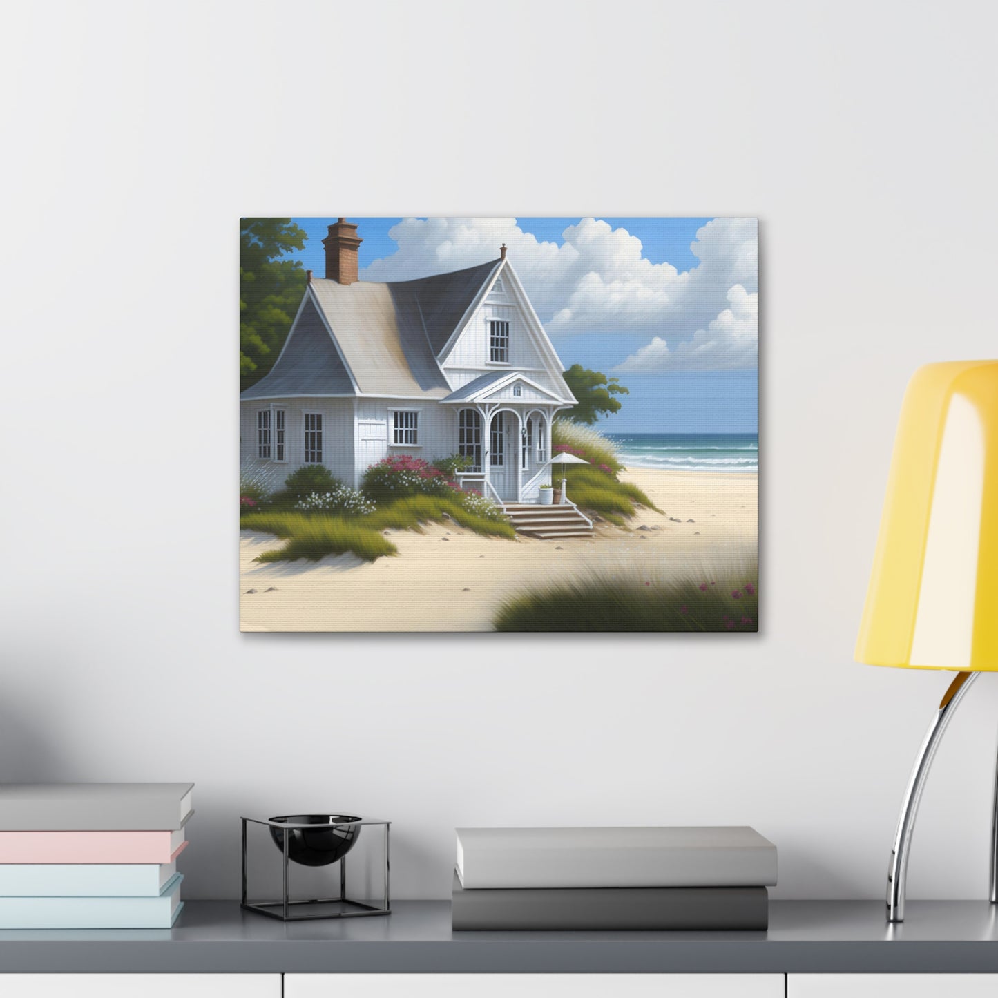 Coastal Retreat: Beach Cottage Canvas Wrap, Idyllic Coastal Landscapes, Serene Ocean Views, and Beachside Escapes, Sand Beaches.