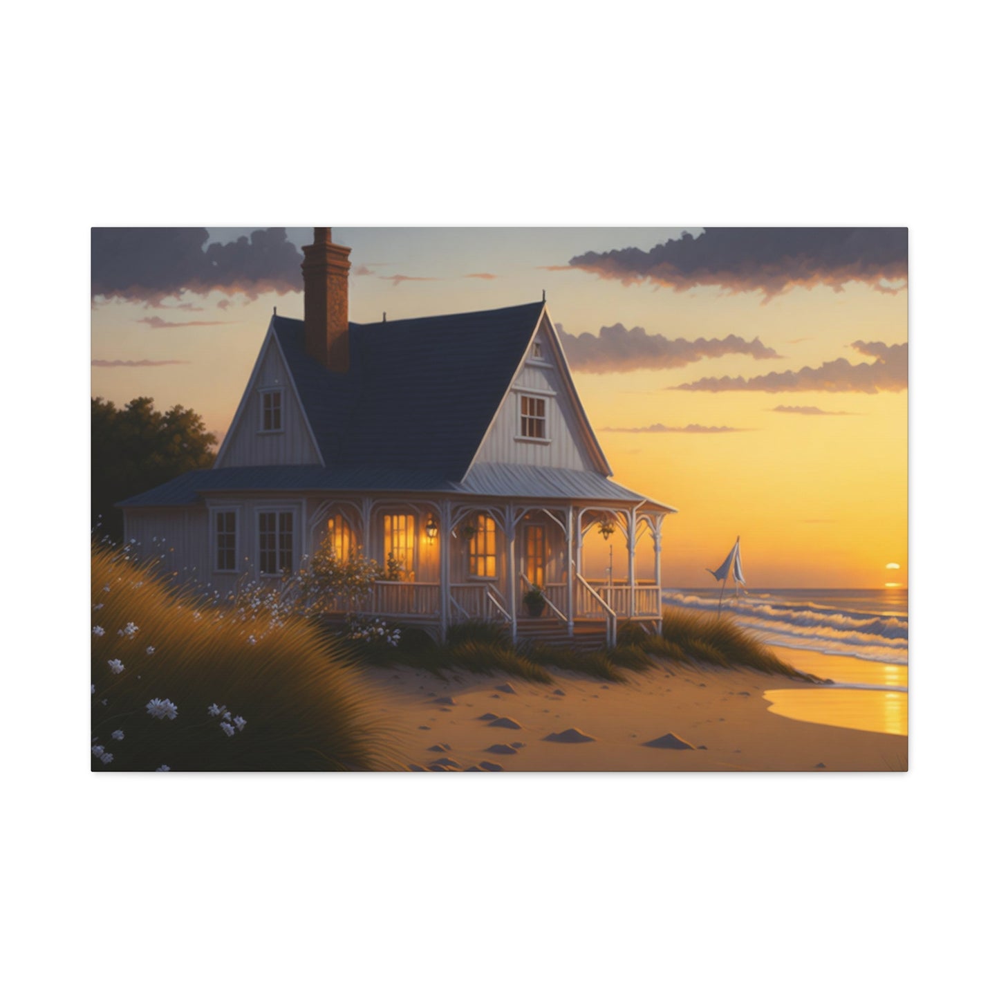 Coastal Retreat: Beach Cottage Canvas Wrap, Idyllic Coastal Landscapes, Serene Ocean Views, and Beachside Escapes, Sand Beaches.