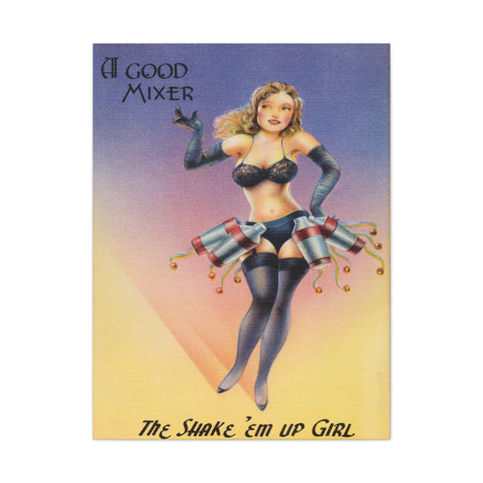 Classic Cocktail Poster Canvas, 1940s "The Shake'em Up Girl" Mixology Art, Vintage Kitchen Decor, Bartender Gift Idea, Great Bar Decor