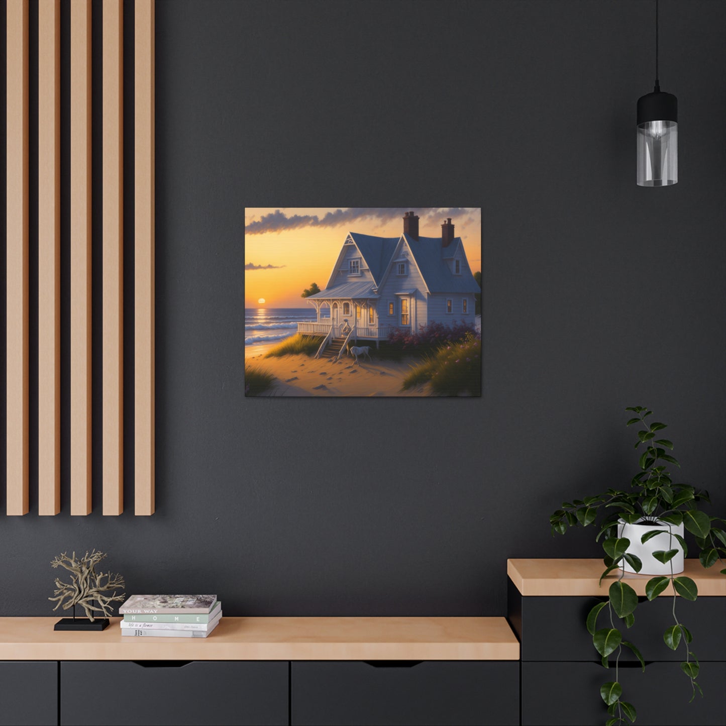 Coastal Retreat: Beach Cottage Canvas Wrap, Idyllic Coastal Landscapes, Serene Ocean Views, and Beachside Escapes, Sandy Beaches.