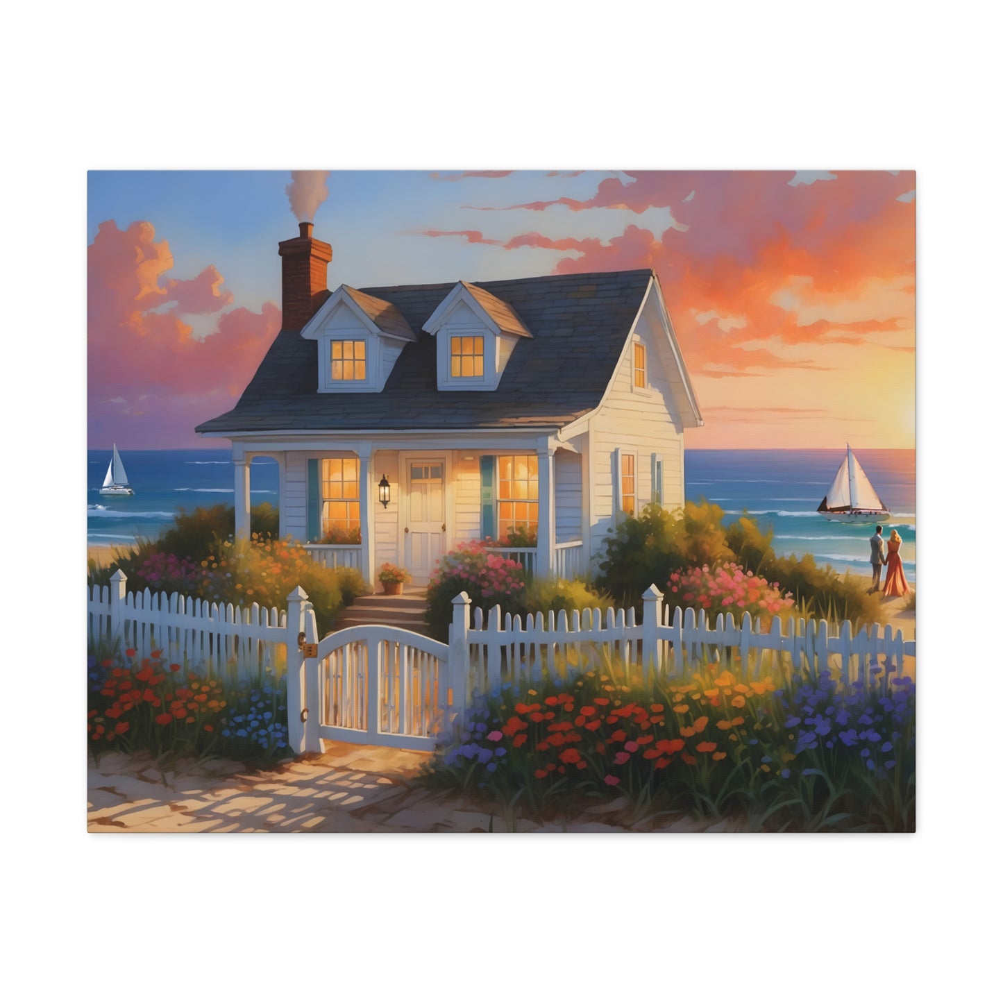 Sunset Beach Cottage Canvas Print | Coastal Wall Art | Six Sizes Available | Perfect for Home Décor | Ocean Painting | Seaside Retreat