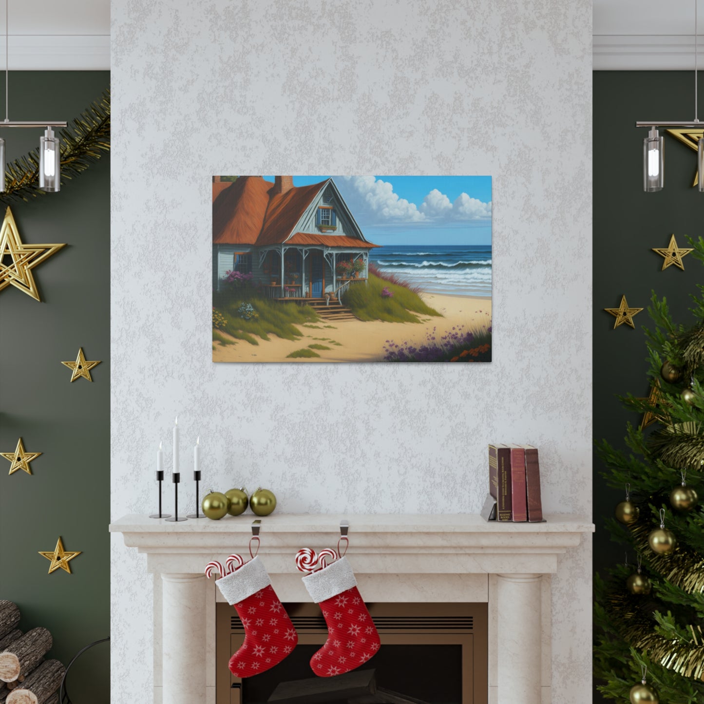 Coastal Retreat: Beach Cottage Canvas Wrap, Idyllic Coastal Landscapes, Serene Ocean Views, and Beachside Escapes, Sand Beaches.