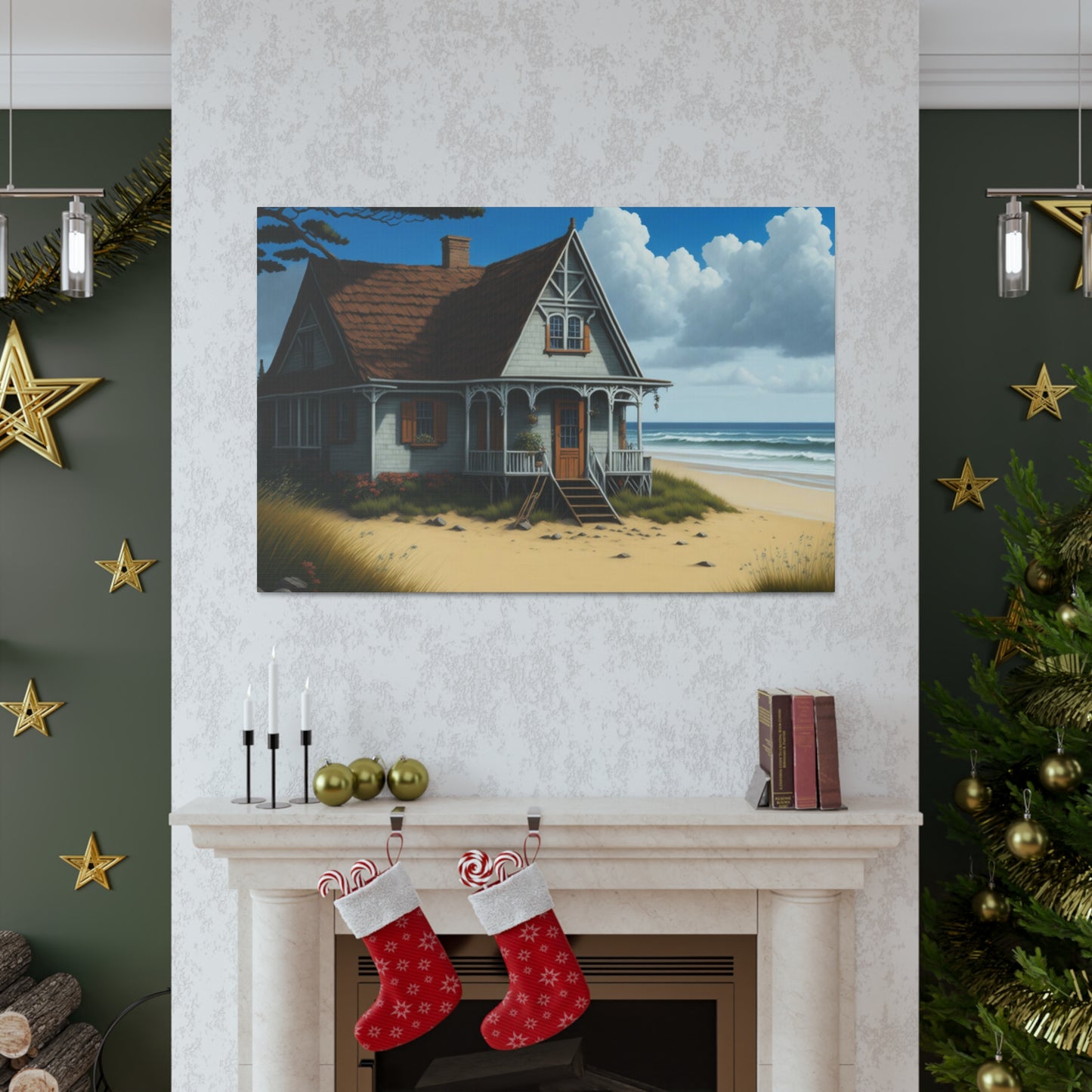 Coastal Retreat: Beach Cottage Canvas Wrap, Idyllic Coastal Landscapes, Serene Ocean Views, and Beachside Escapes, Sand Beaches.