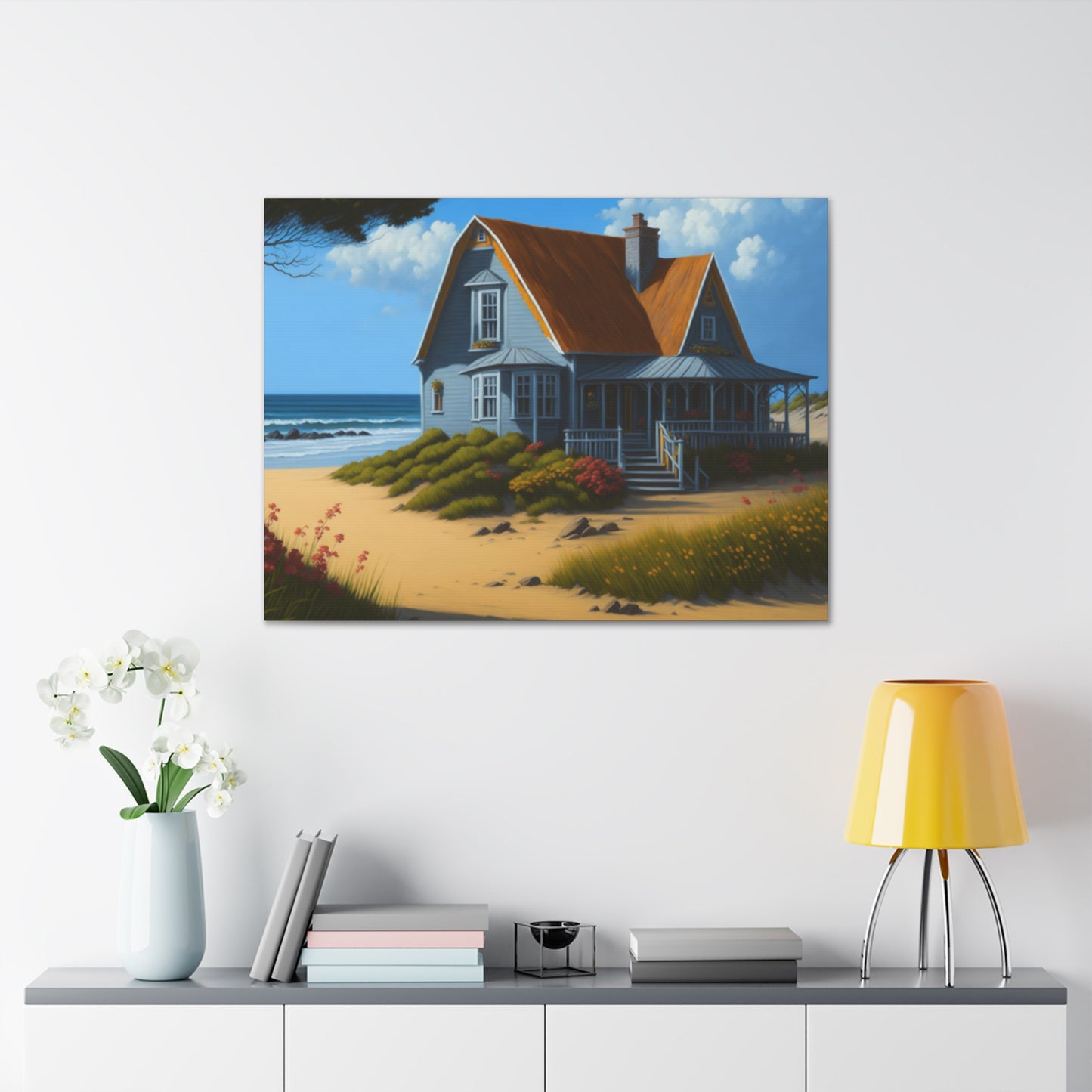 Coastal Retreat: Beach Cottage Canvas Wrap, Idyllic Coastal Landscapes, Serene Ocean Views, and Beachside Escapes, Sand Beaches.