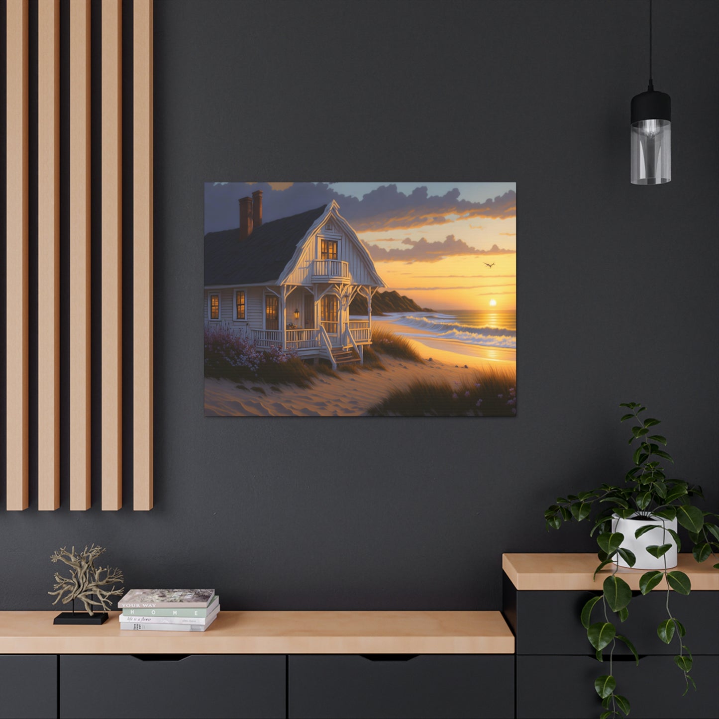 Coastal Retreat: Beach Cottage Canvas Wrap, Idyllic Coastal Landscapes, Serene Ocean Views, and Beachside Escapes, Sand Beaches.