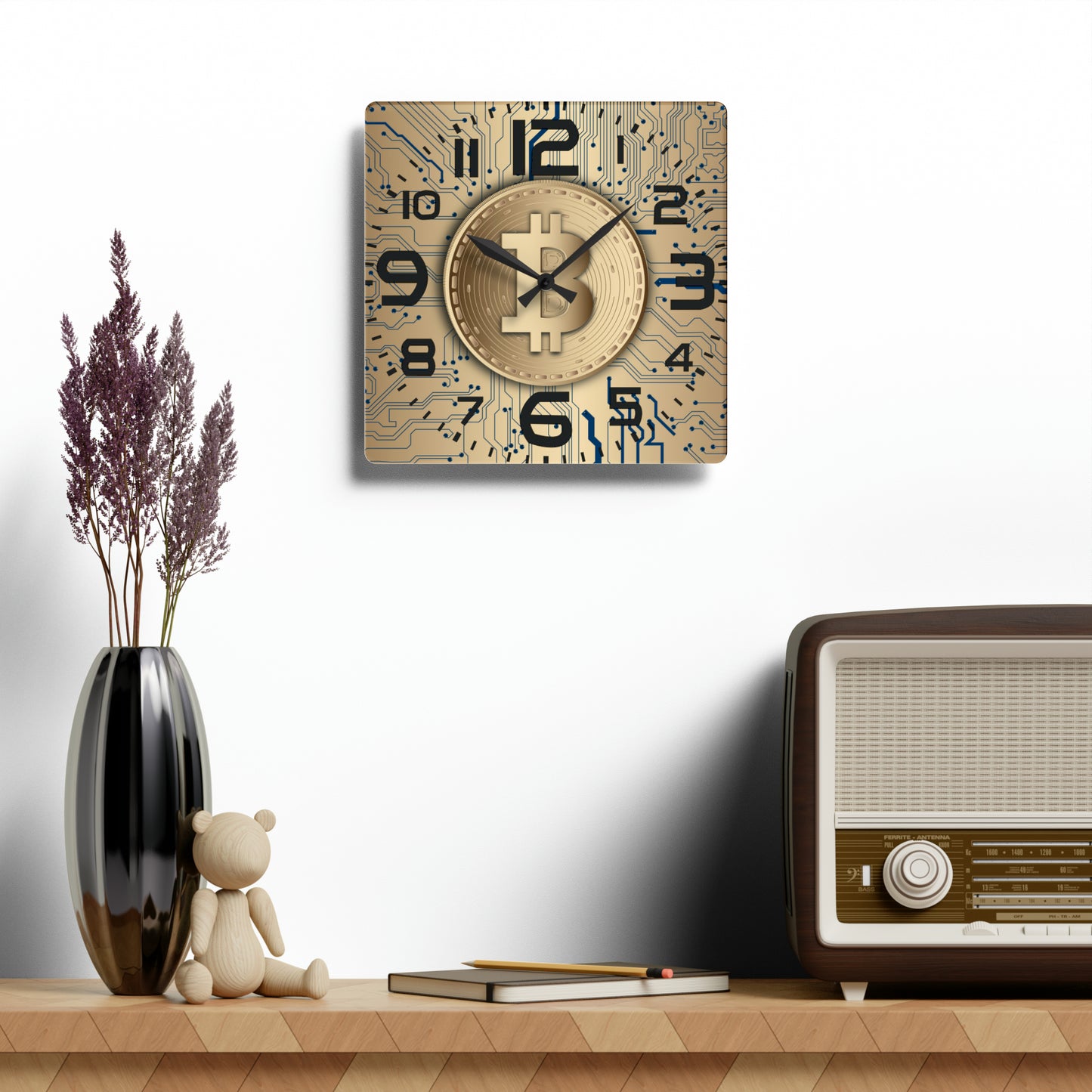 Gold Bitcoin Wall Clock, Contemporary Design in Multiple Sizes/Shapes, Functional Tech Decor, Great Gift for Bitcoin Traders