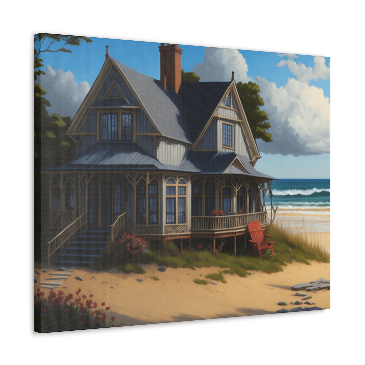 Coastal Retreat: Beach Cottage Canvas Wrap, Idyllic Coastal Landscapes, Serene Ocean Views, and Beachside Escapes, Sand Beaches.