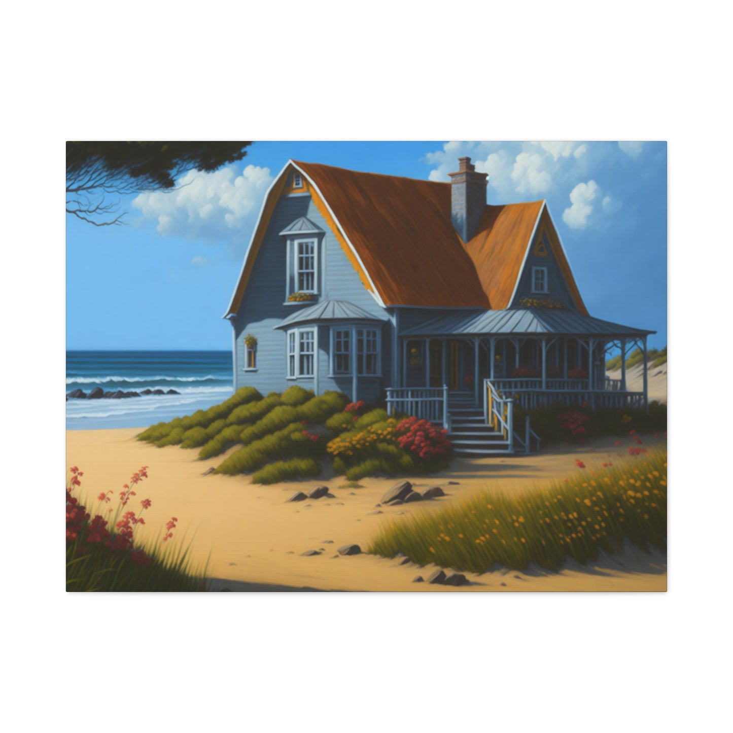 Coastal Retreat: Beach Cottage Canvas Wrap, Idyllic Coastal Landscapes, Serene Ocean Views, and Beachside Escapes, Sand Beaches.