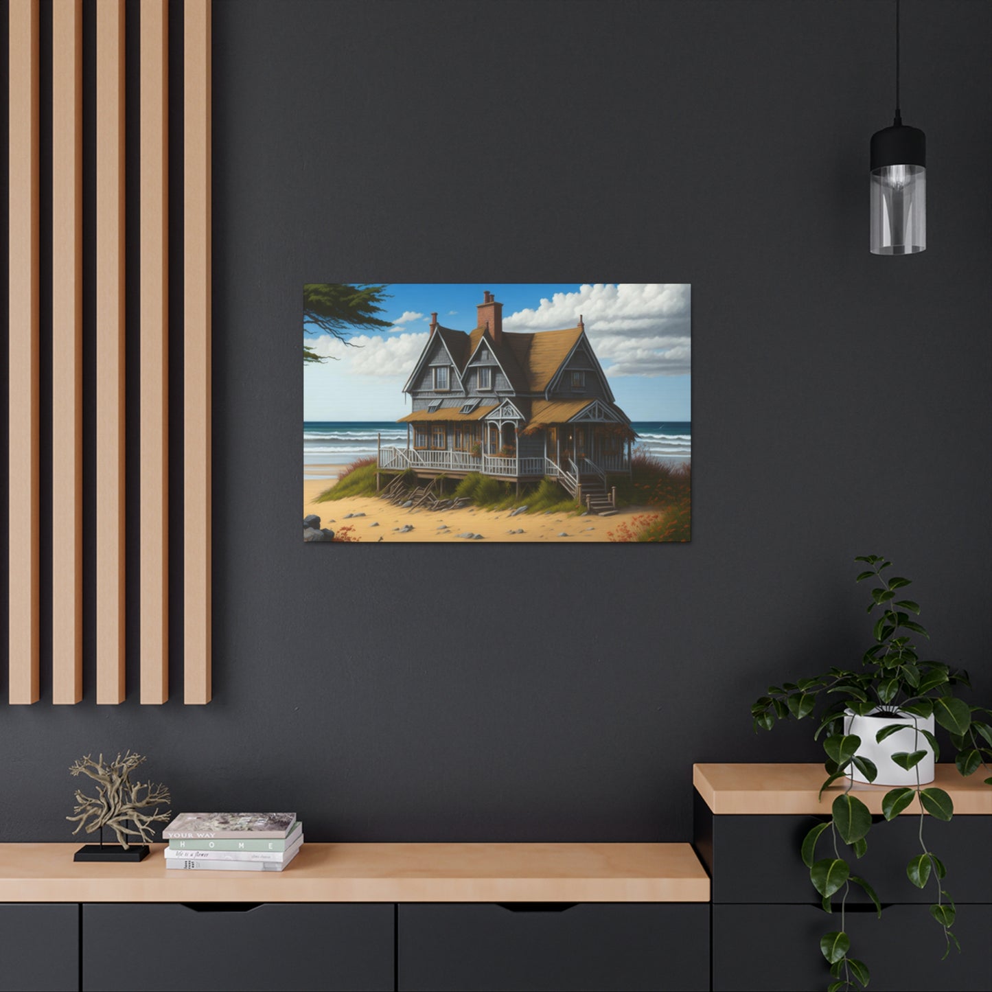 Coastal Retreat: Beach Cottage Canvas Wrap, Idyllic Coastal Landscapes, Serene Ocean Views, and Beachside Escapes, Sand Beaches.