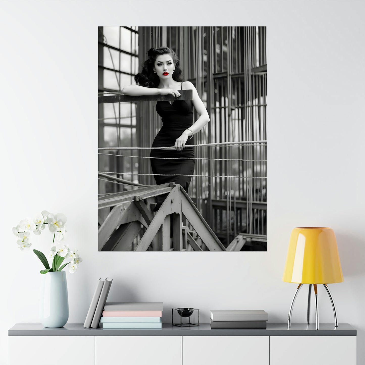 1950s-Inspired Monochrome Model Poster with Bold Red Lips - Retro Pin-Up Wall Art for Vintage Fashion Enthusiasts, Black and White Print