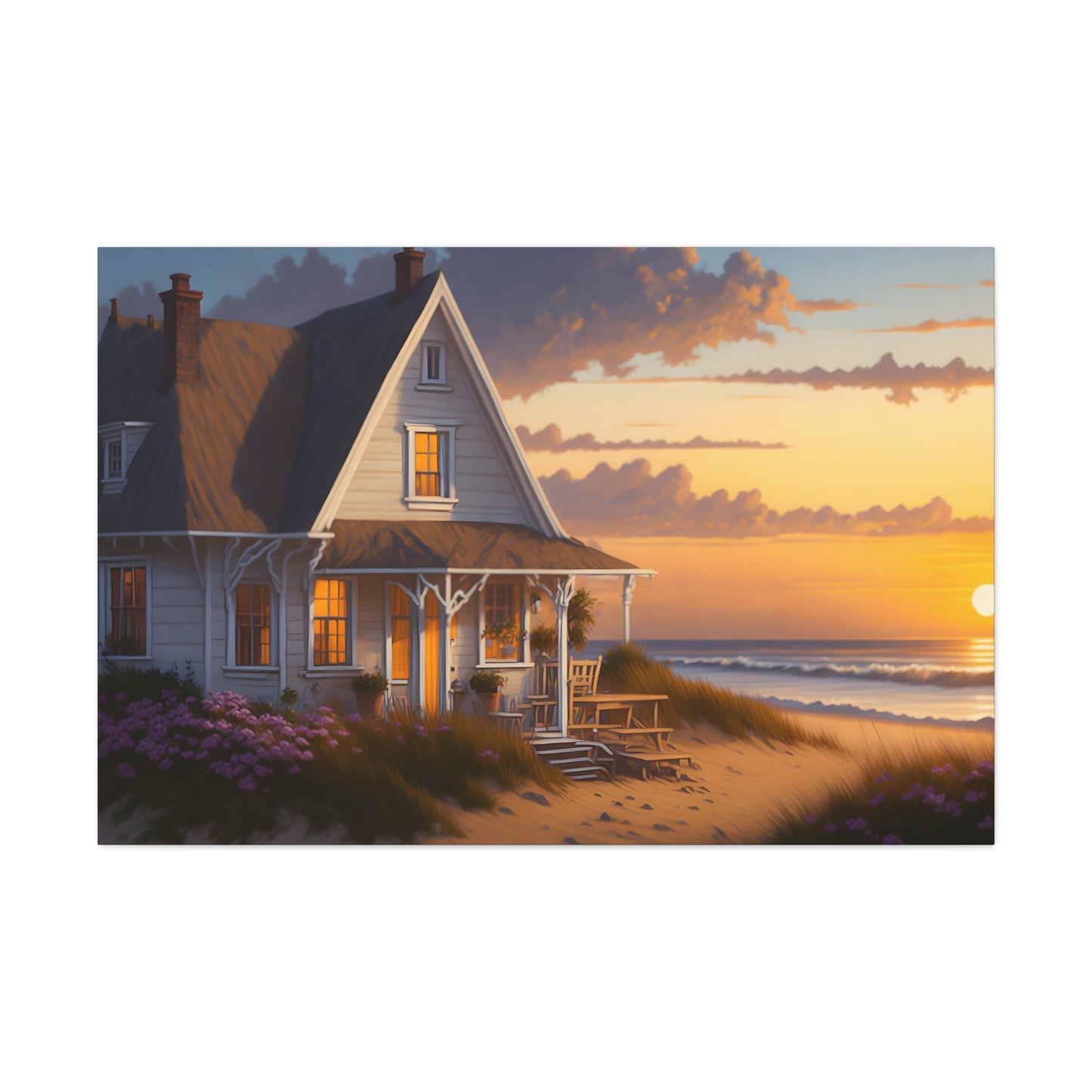 Coastal Retreat: Beach Cottage Canvas Wrap, Idyllic Coastal Landscapes, Serene Ocean Views, and Beachside Escapes Canvas Wrap Art