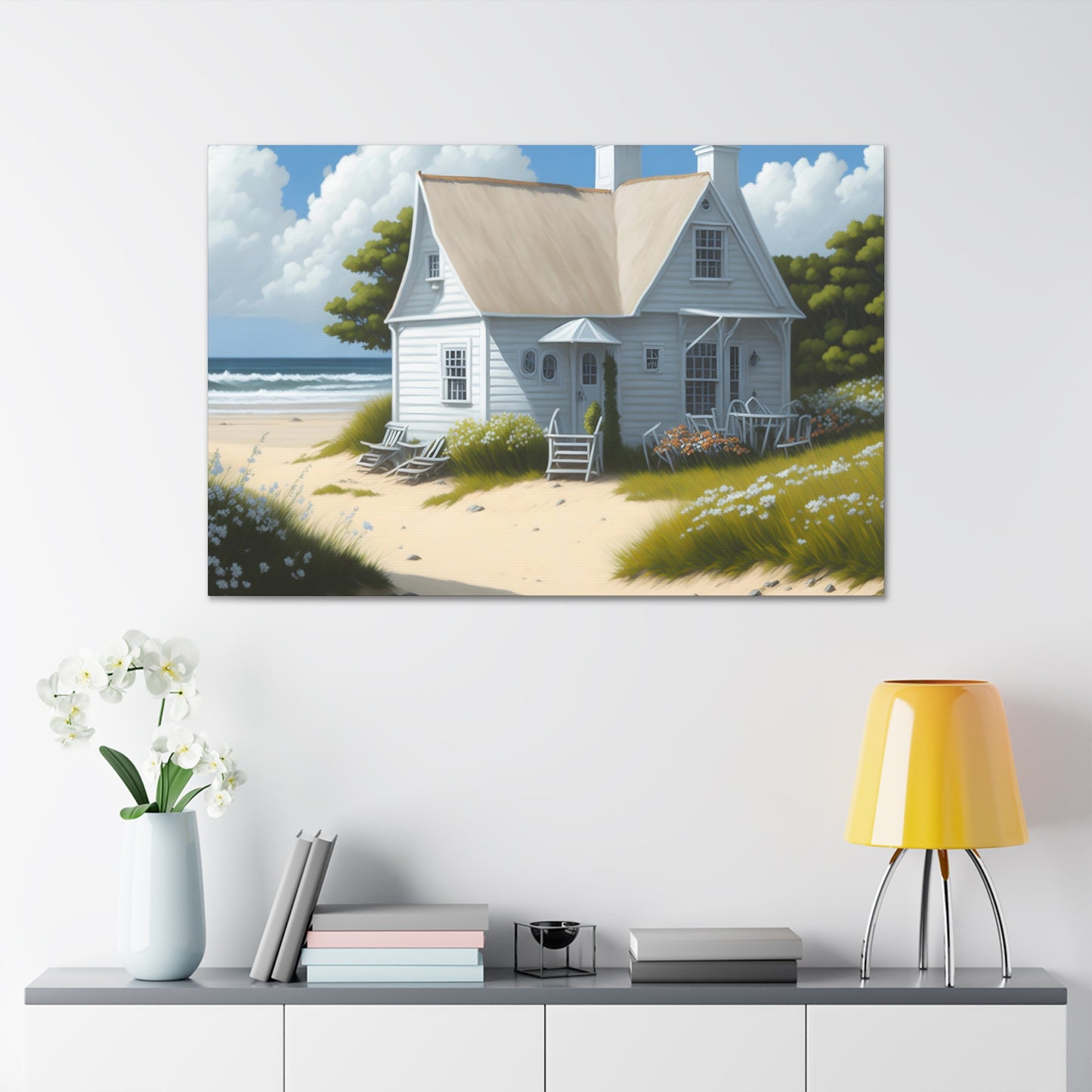 Coastal Retreat: Beach Cottage Canvas Wrap, Idyllic Coastal Landscapes, Serene Ocean Views, and Beachside Escapes, Sand Beaches.