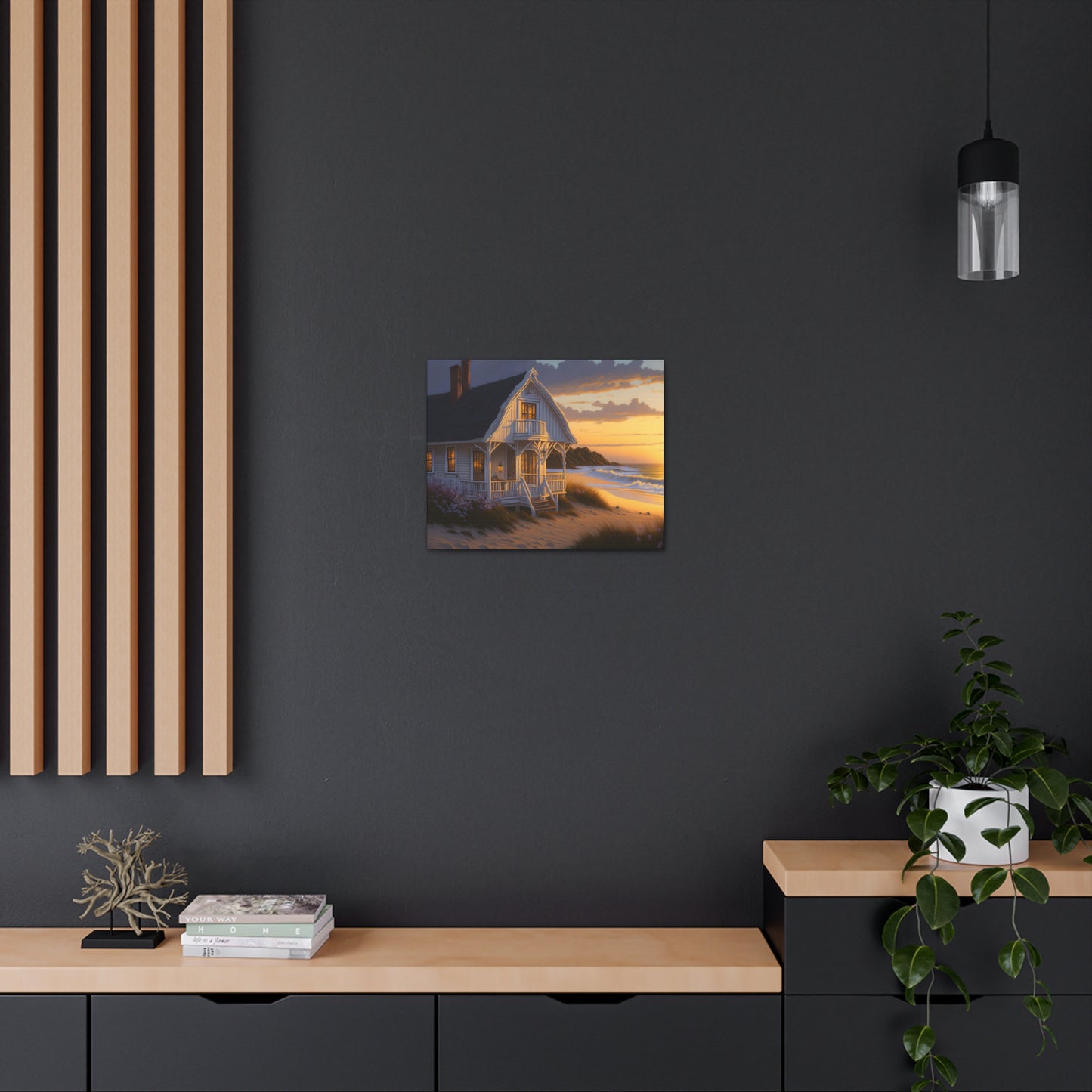 Coastal Retreat: Beach Cottage Canvas Wrap, Idyllic Coastal Landscapes, Serene Ocean Views, and Beachside Escapes, Sand Beaches.