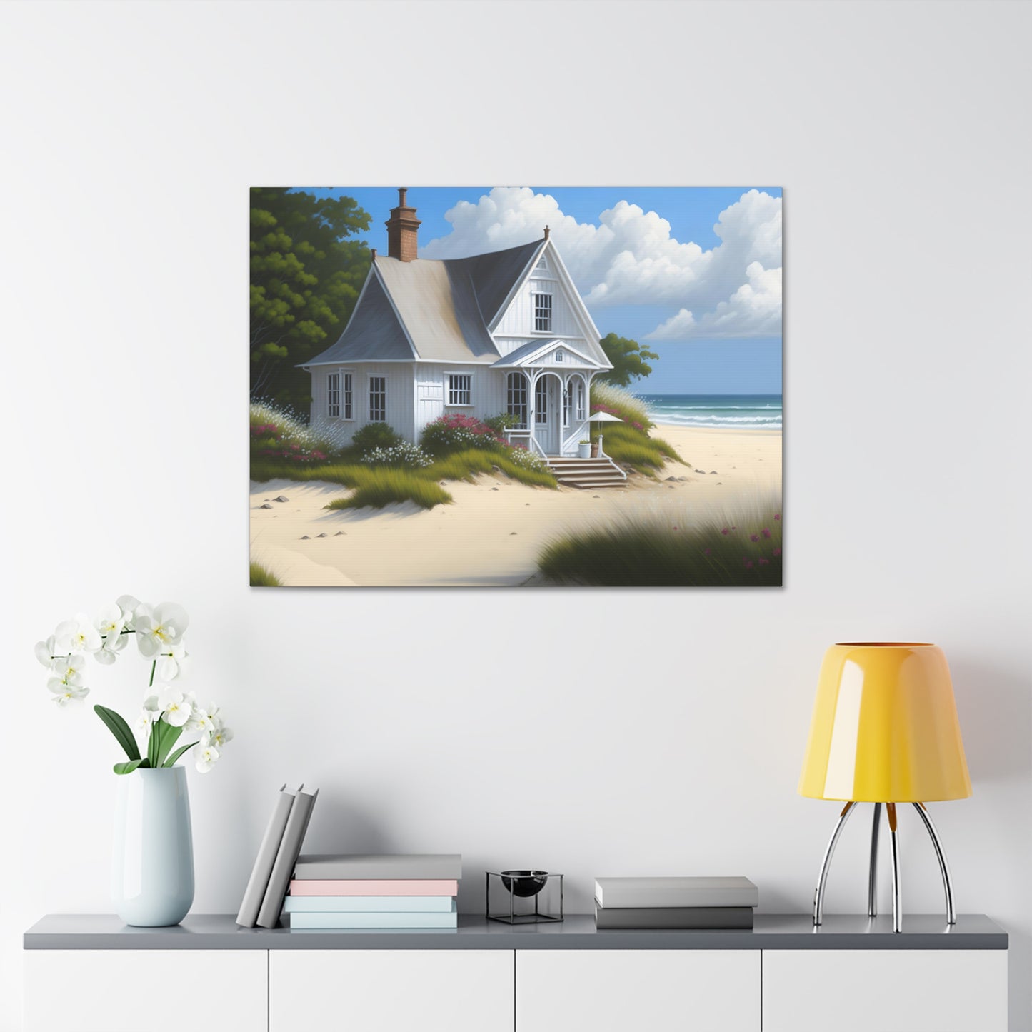 Coastal Retreat: Beach Cottage Canvas Wrap, Idyllic Coastal Landscapes, Serene Ocean Views, and Beachside Escapes, Sand Beaches.