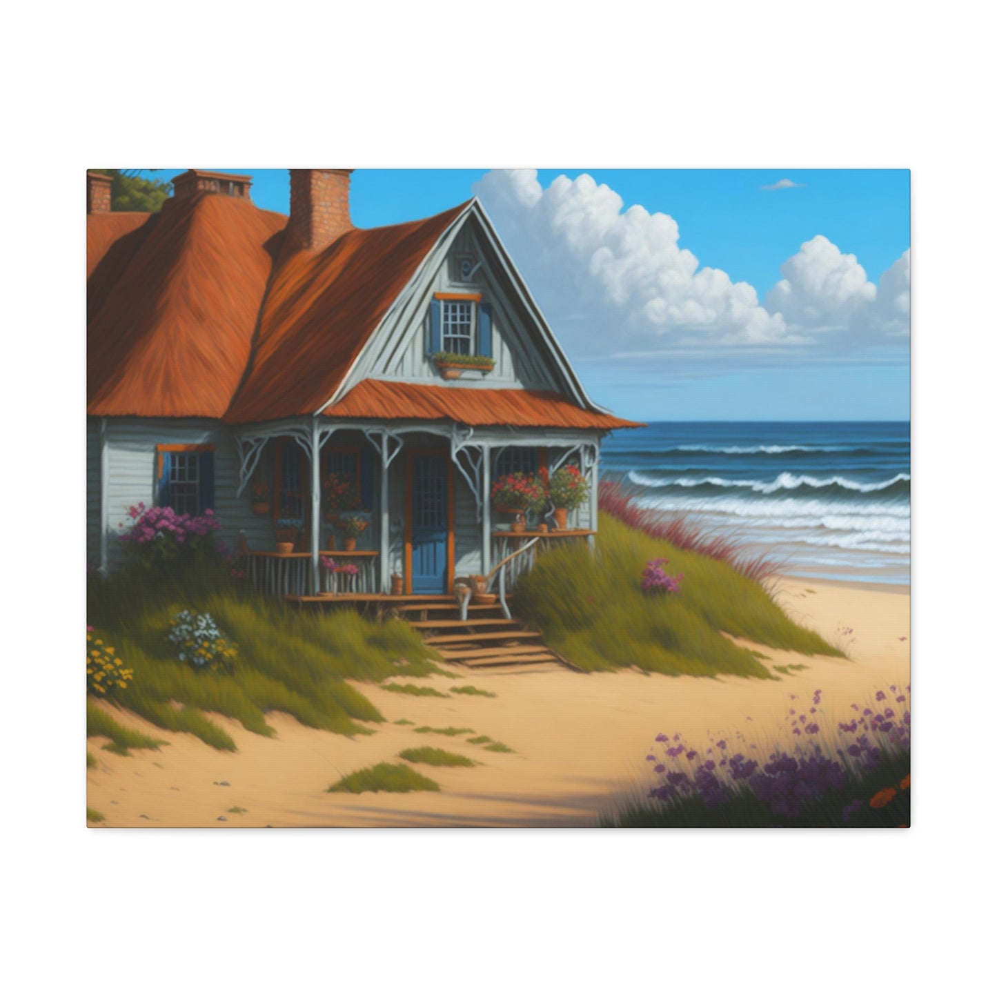 Coastal Retreat: Beach Cottage Canvas Wrap, Idyllic Coastal Landscapes, Serene Ocean Views, and Beachside Escapes, Sand Beaches.