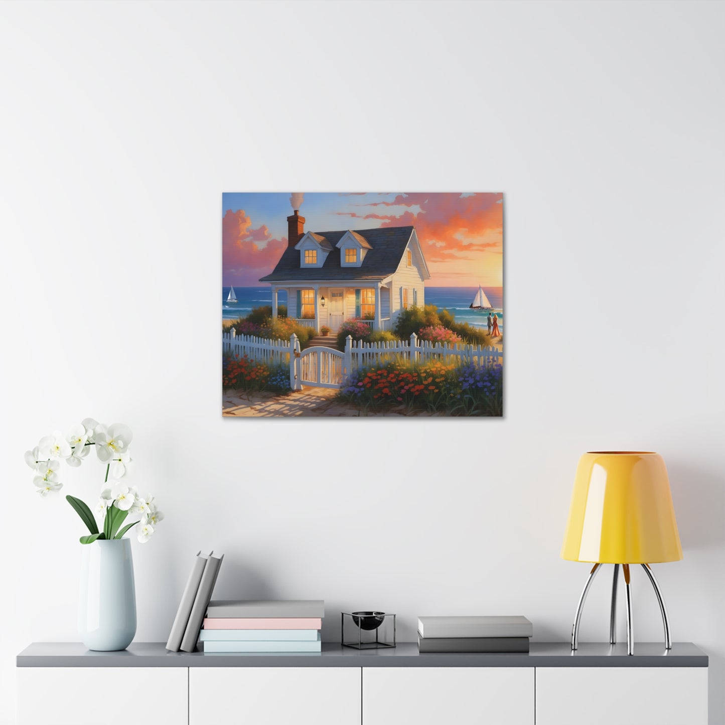 Sunset Beach Cottage Canvas Print | Coastal Wall Art | Six Sizes Available | Perfect for Home Décor | Ocean Painting | Seaside Retreat