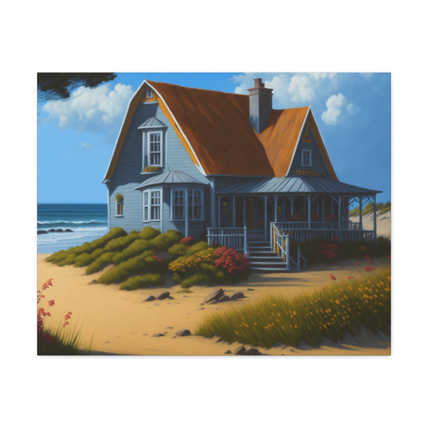 Coastal Retreat: Beach Cottage Canvas Wrap, Idyllic Coastal Landscapes, Serene Ocean Views, and Beachside Escapes, Sand Beaches.