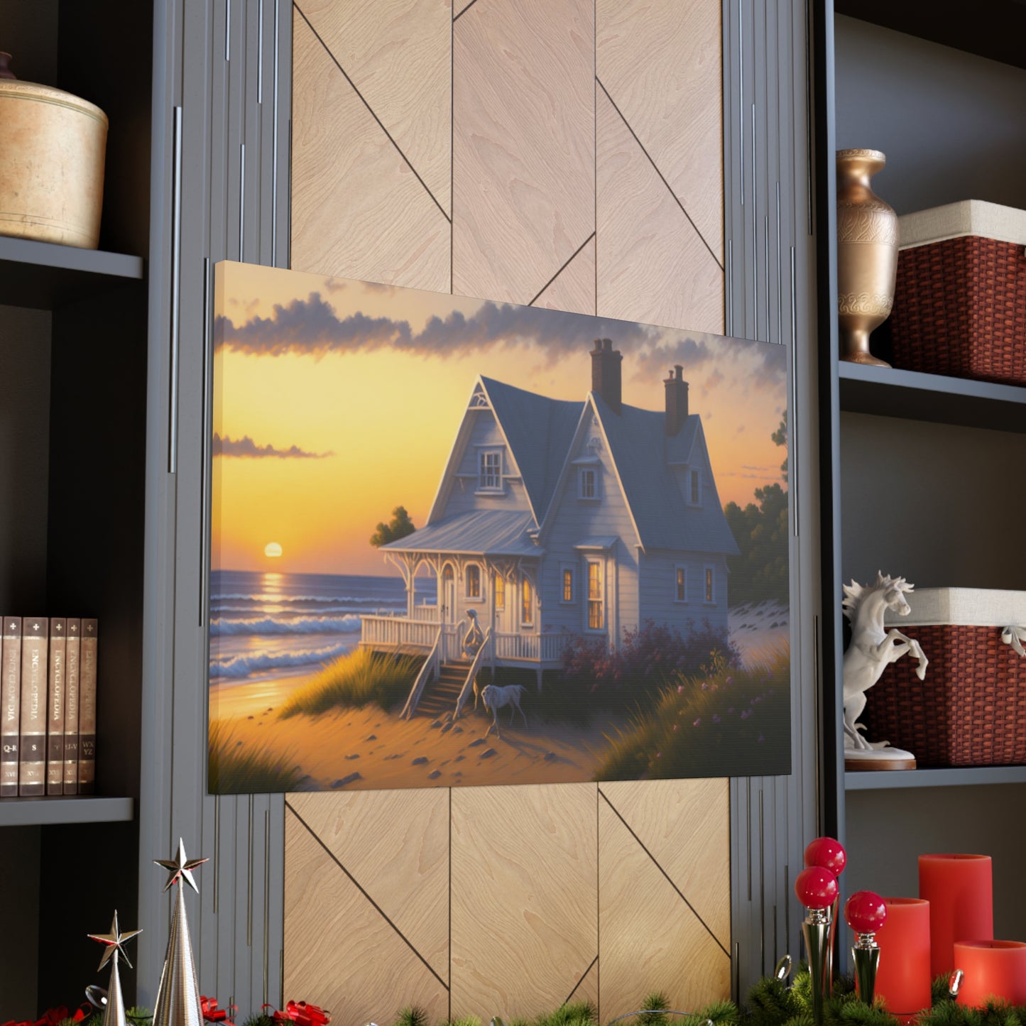 Coastal Retreat: Beach Cottage Canvas Wrap, Idyllic Coastal Landscapes, Serene Ocean Views, and Beachside Escapes, Sandy Beaches.