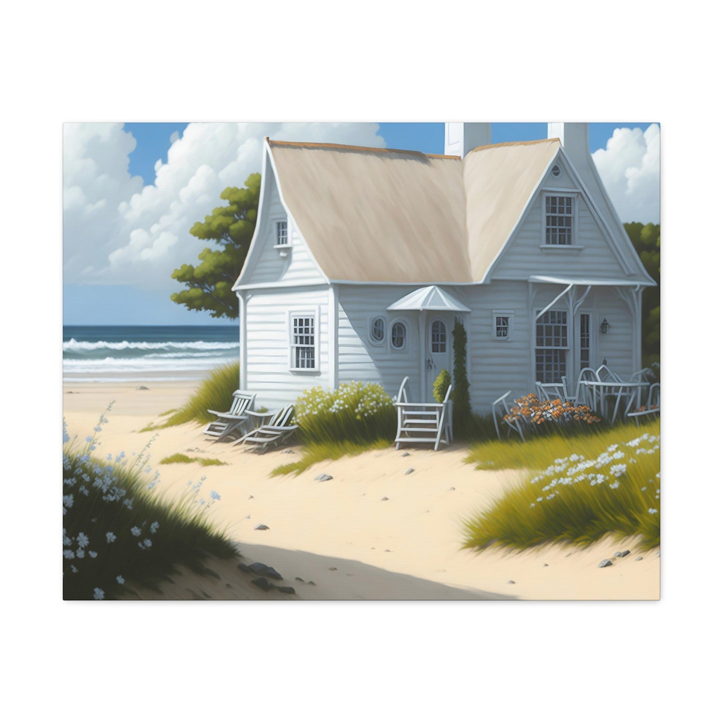 Coastal Retreat: Beach Cottage Canvas Wrap, Idyllic Coastal Landscapes, Serene Ocean Views, and Beachside Escapes, Sand Beaches.