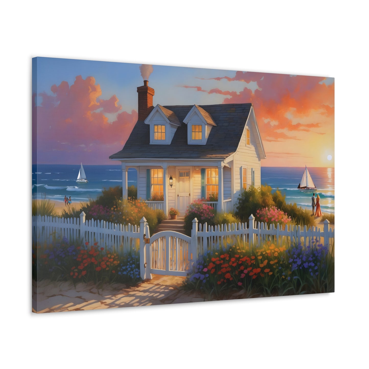 Sunset Beach Cottage Canvas Print | Coastal Wall Art | Six Sizes Available | Perfect for Home Décor | Ocean Painting | Seaside Retreat