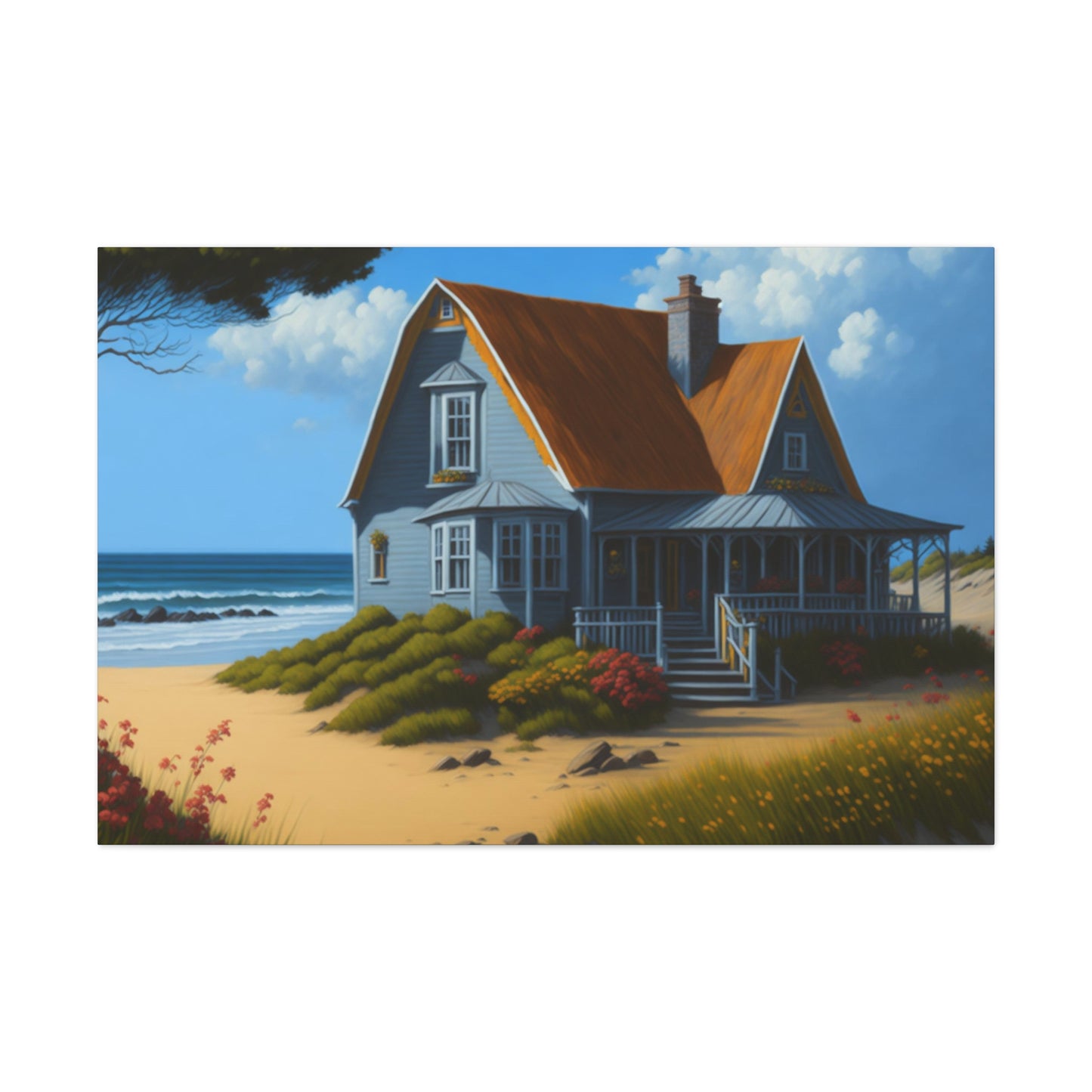 Coastal Retreat: Beach Cottage Canvas Wrap, Idyllic Coastal Landscapes, Serene Ocean Views, and Beachside Escapes, Sand Beaches.