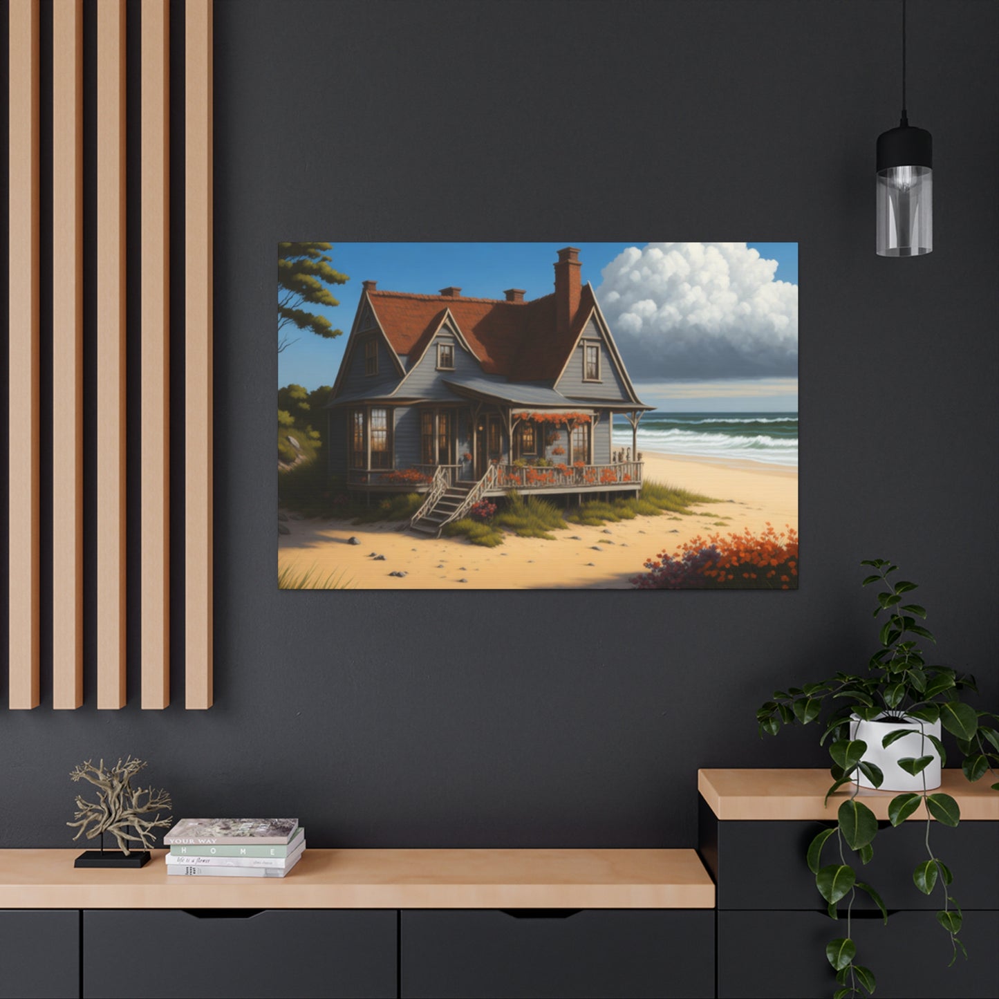 Coastal Retreat: Beach Cottage Canvas Wrap, Idyllic Coastal Landscapes, Serene Ocean Views, and Beachside Escapes, Sand Beaches.