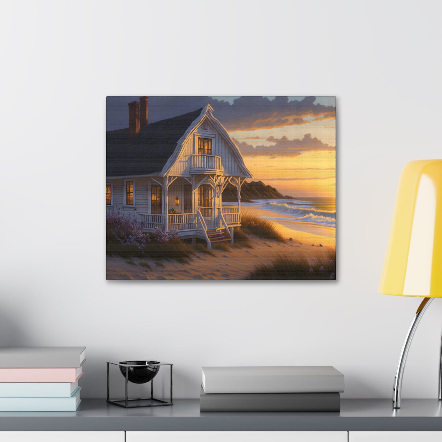 Coastal Retreat: Beach Cottage Canvas Wrap, Idyllic Coastal Landscapes, Serene Ocean Views, and Beachside Escapes, Sand Beaches.