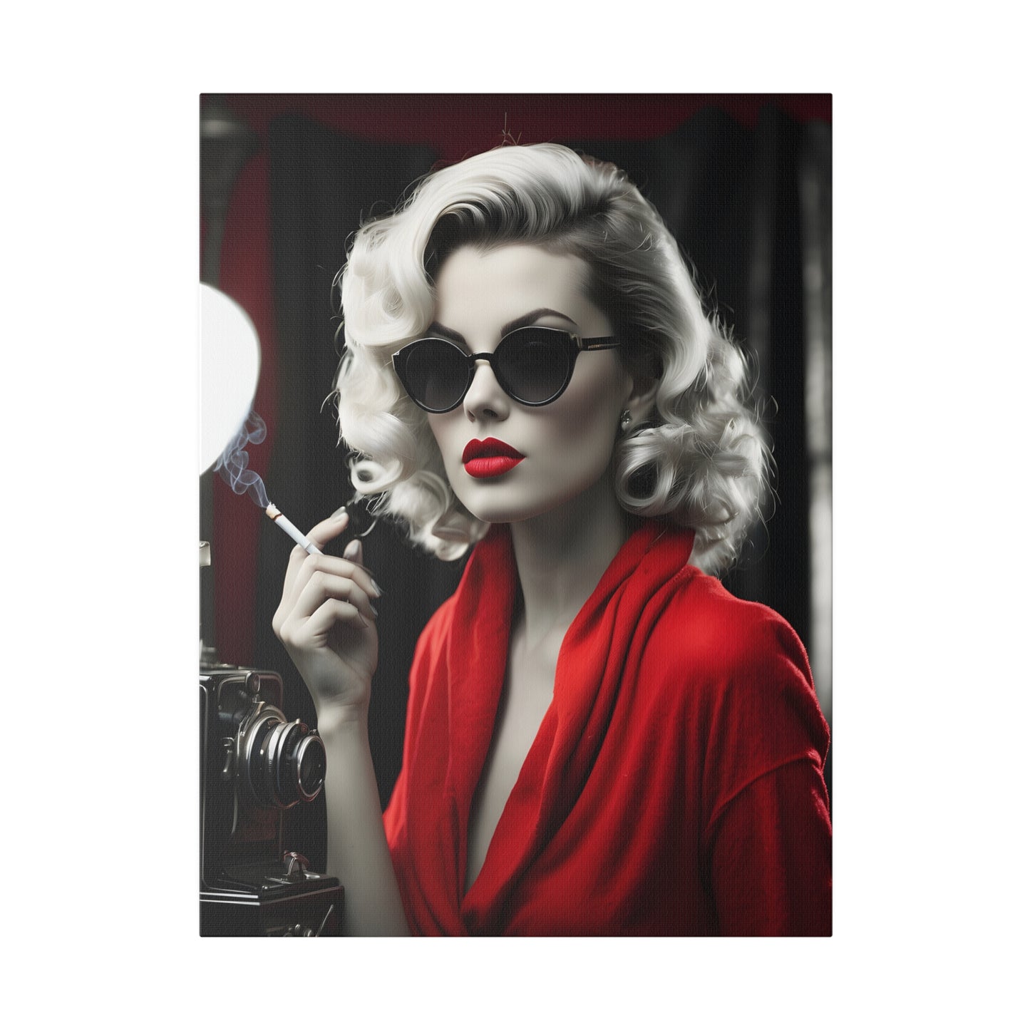 Classic Hollywood Glamour - Timeless Beauty in Red Canvas Print - Vintage-Inspired Starlet with Camera - Available from 8x10 to 32x48 inches