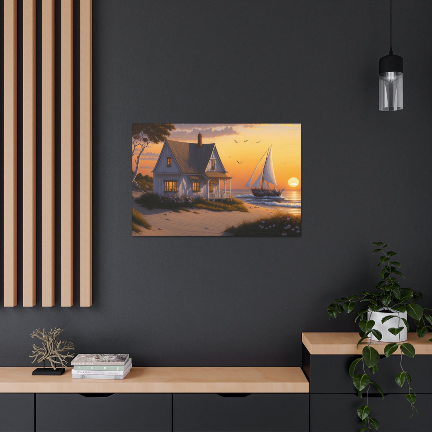 Coastal Retreat: Beach Cottage Canvas Wrap, Idyllic Coastal Landscapes, Serene Ocean Views, and Beachside Escapes, Sandy Beaches.