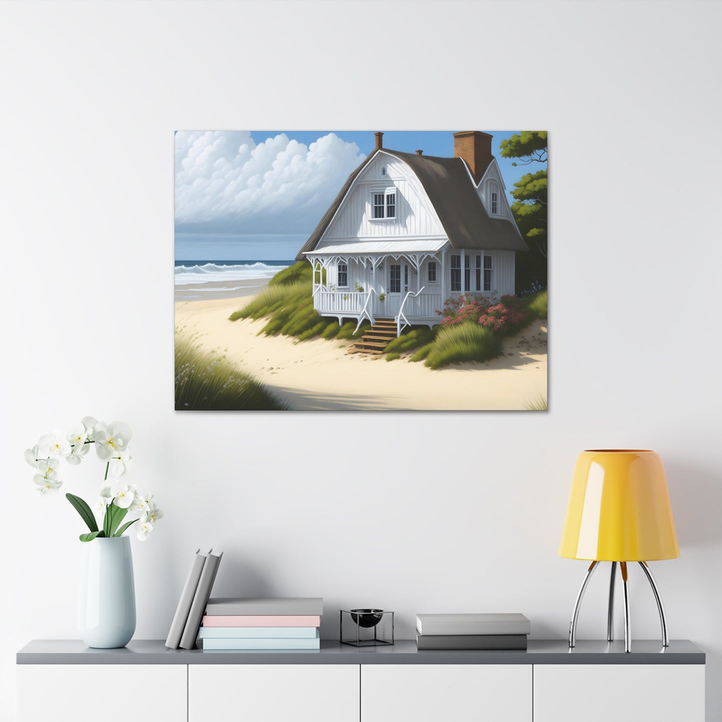 Coastal Retreat: Beach Cottage Canvas Wrap, Idyllic Coastal Landscapes, Serene Ocean Views, and Beachside Escapes.