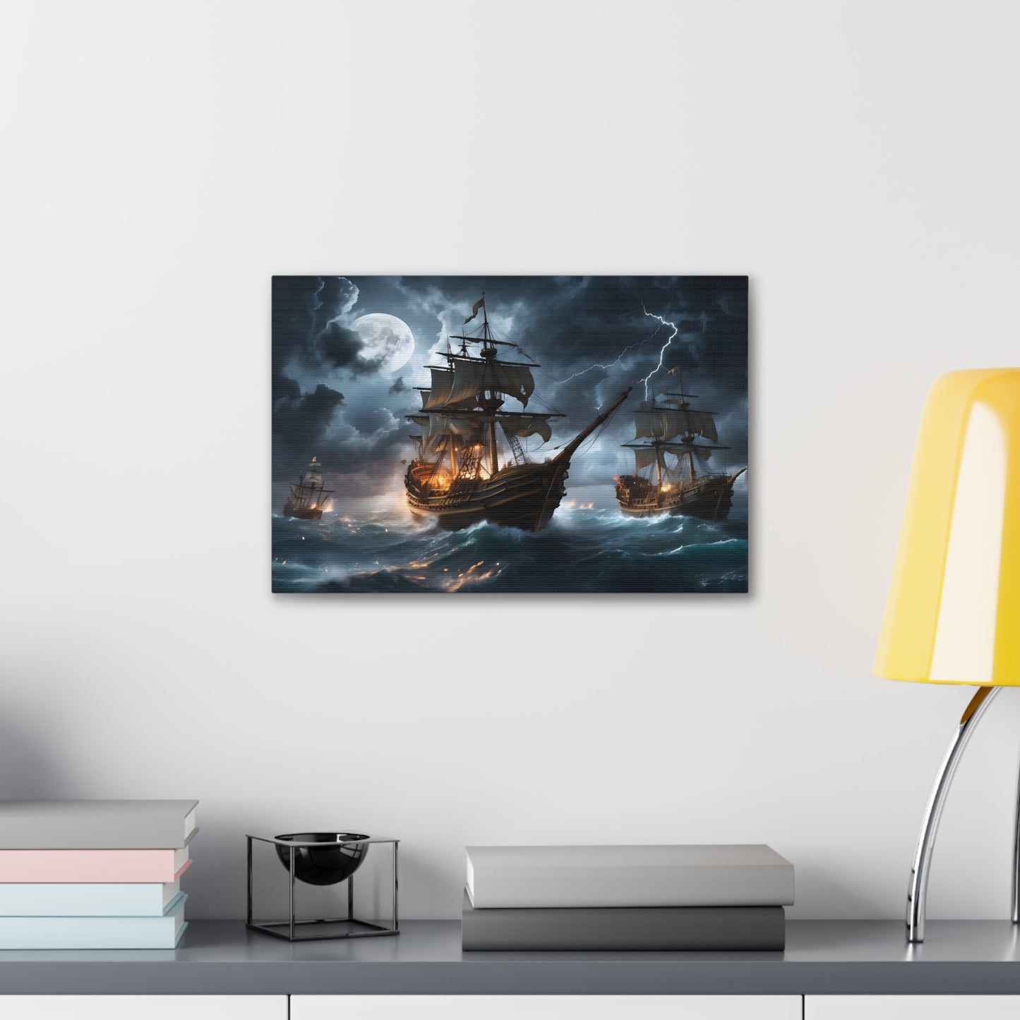 A canvas wrapped print  with the image of vintage tall ships in a battle at sea during a intense storm. 