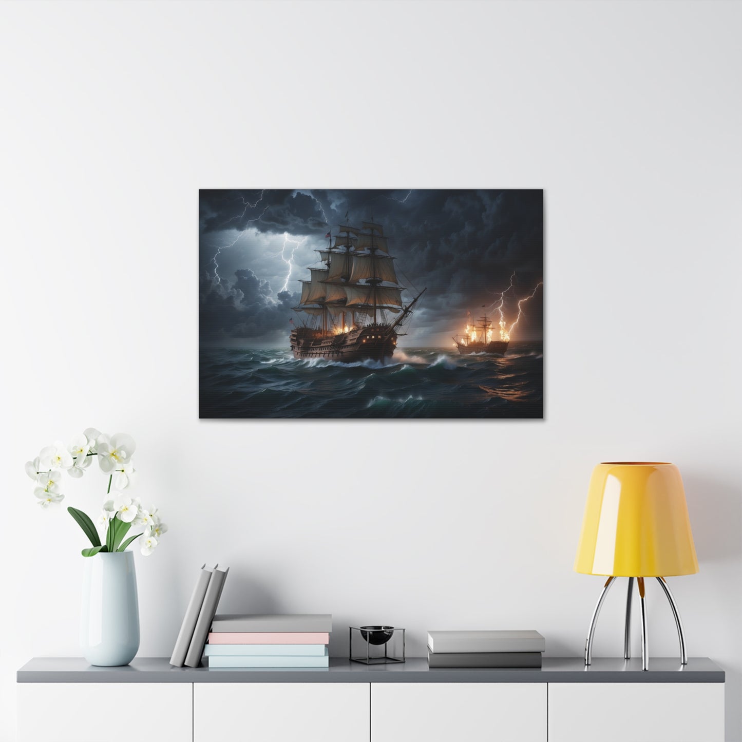 A canvas-wrapped print of a vintage tall ship at sea in battle during a storm. 