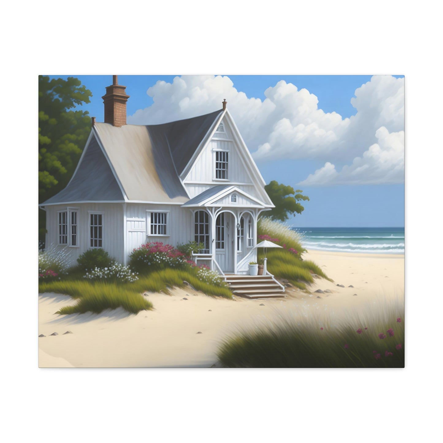 Coastal Retreat: Beach Cottage Canvas Wrap, Idyllic Coastal Landscapes, Serene Ocean Views, and Beachside Escapes, Sand Beaches.