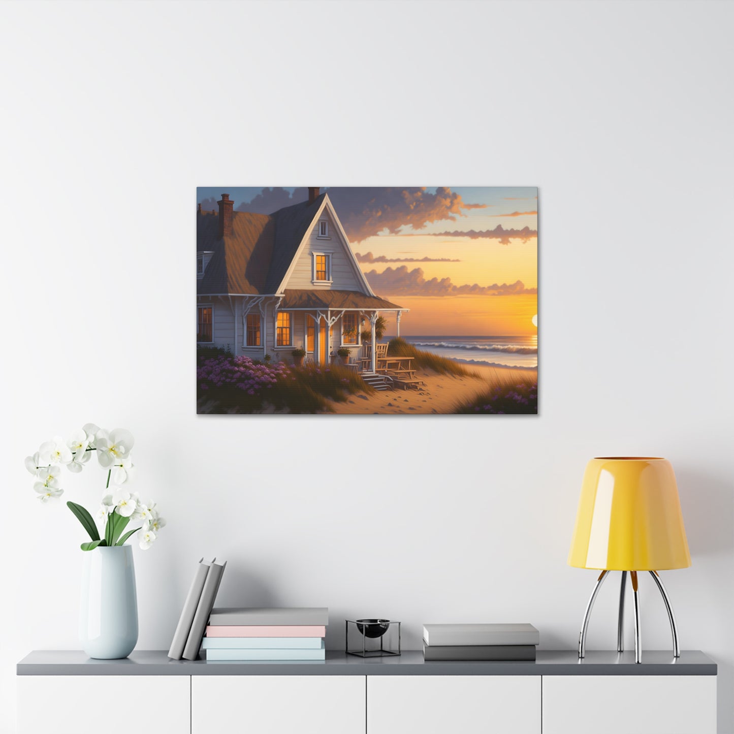 Coastal Retreat: Beach Cottage Canvas Wrap, Idyllic Coastal Landscapes, Serene Ocean Views, and Beachside Escapes Canvas Wrap Art