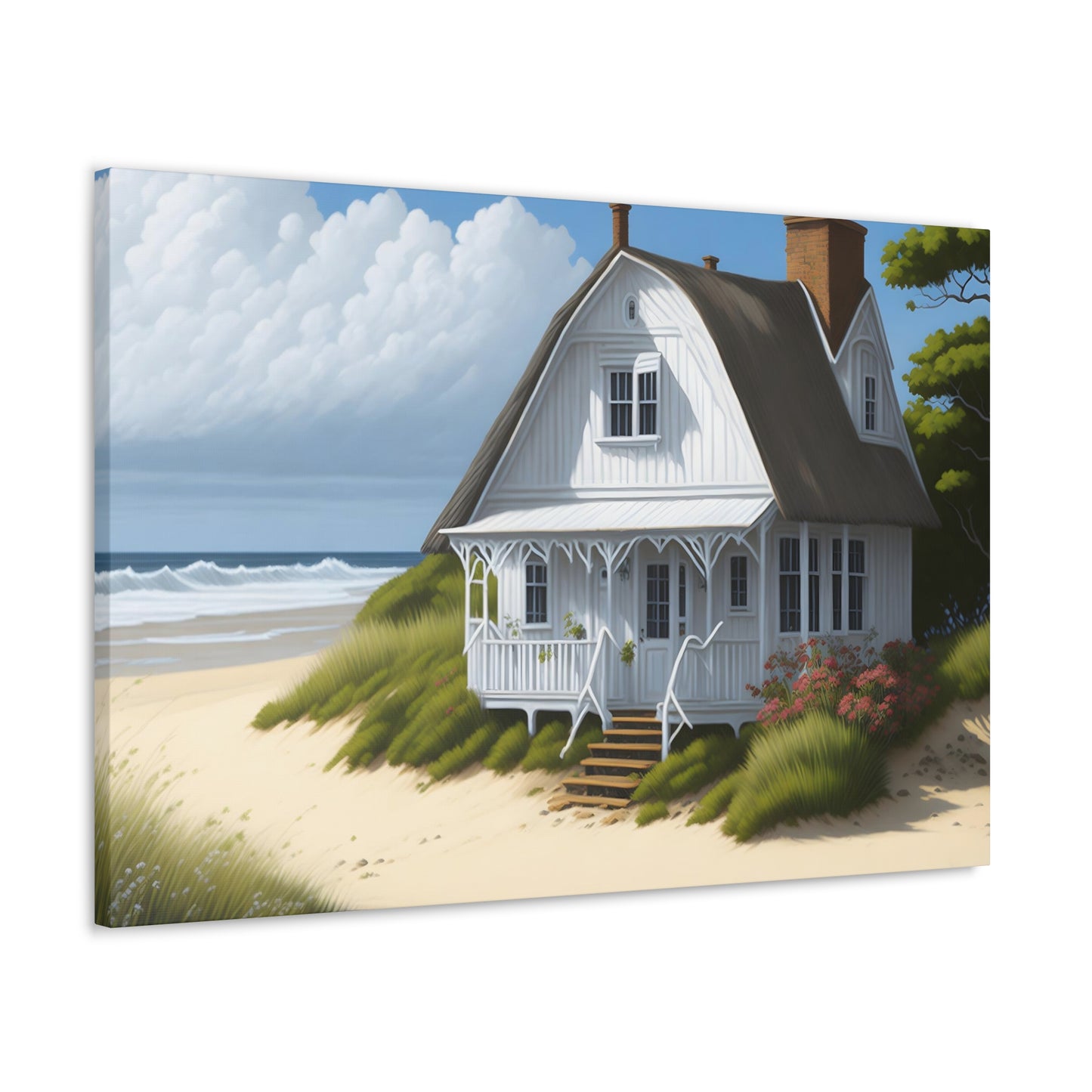 Coastal Retreat: Beach Cottage Canvas Wrap, Idyllic Coastal Landscapes, Serene Ocean Views, and Beachside Escapes.