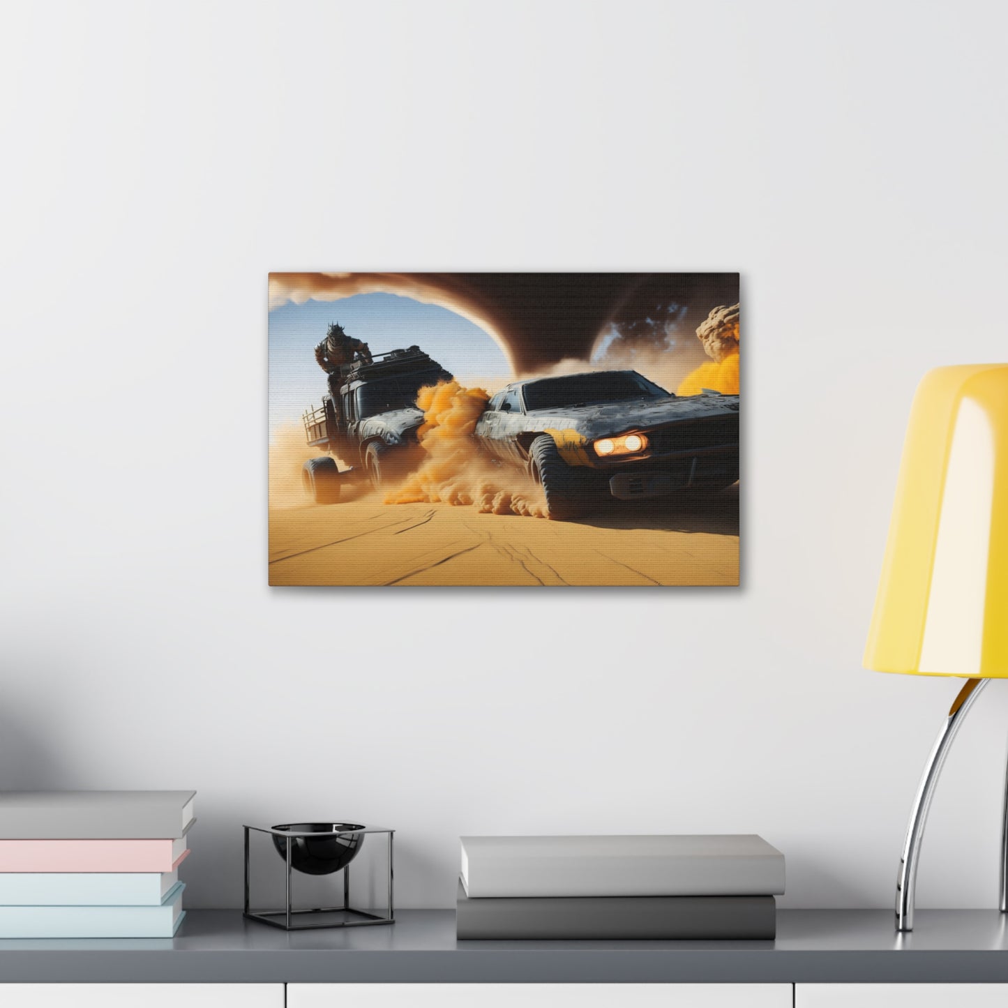 Apocalyptic Desert Chase Canvas Wall Art, Mad Max Style Vehicle Duel with Twister, Bold Living Room Decor, Adventure Seeker Gift