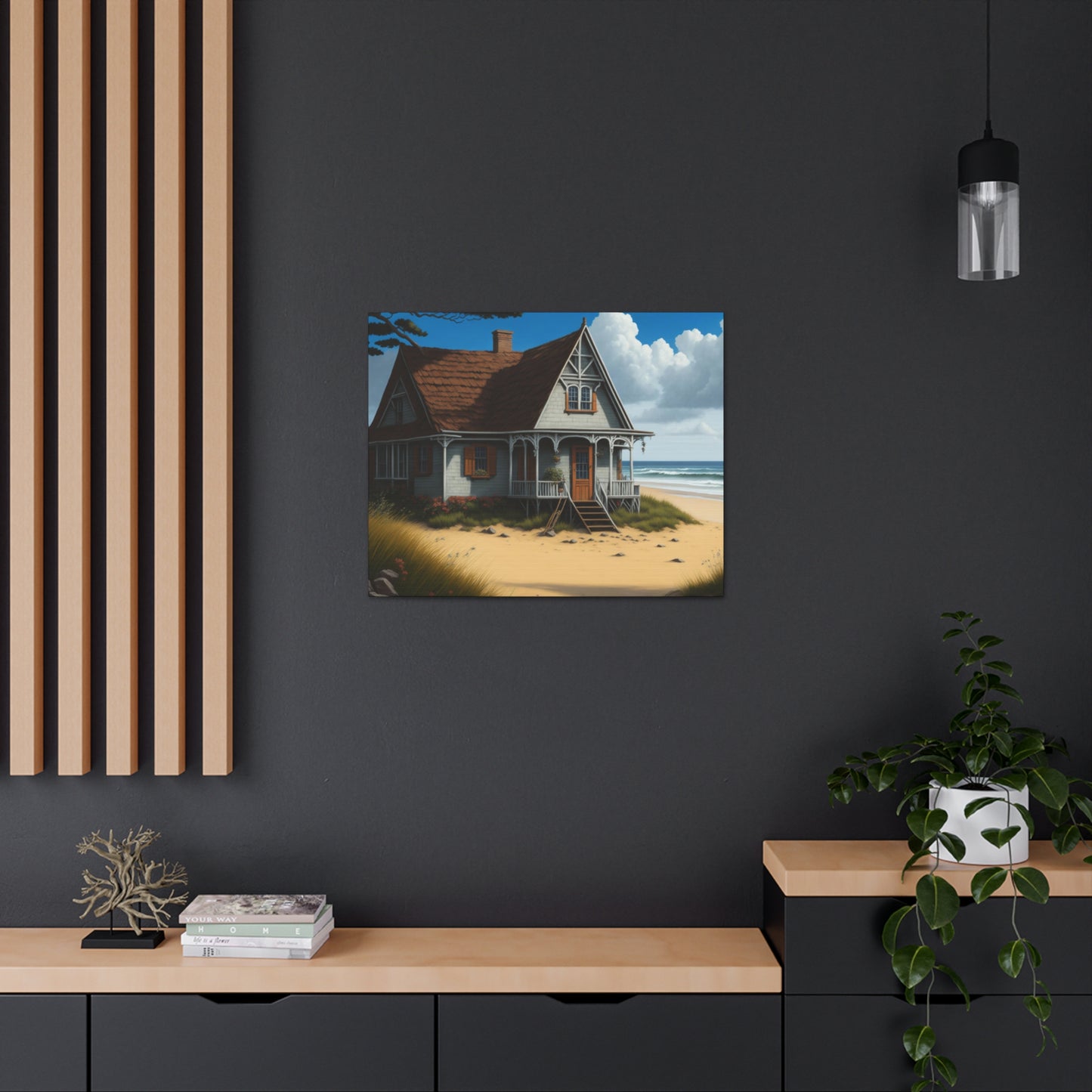 Coastal Retreat: Beach Cottage Canvas Wrap, Idyllic Coastal Landscapes, Serene Ocean Views, and Beachside Escapes, Sand Beaches.