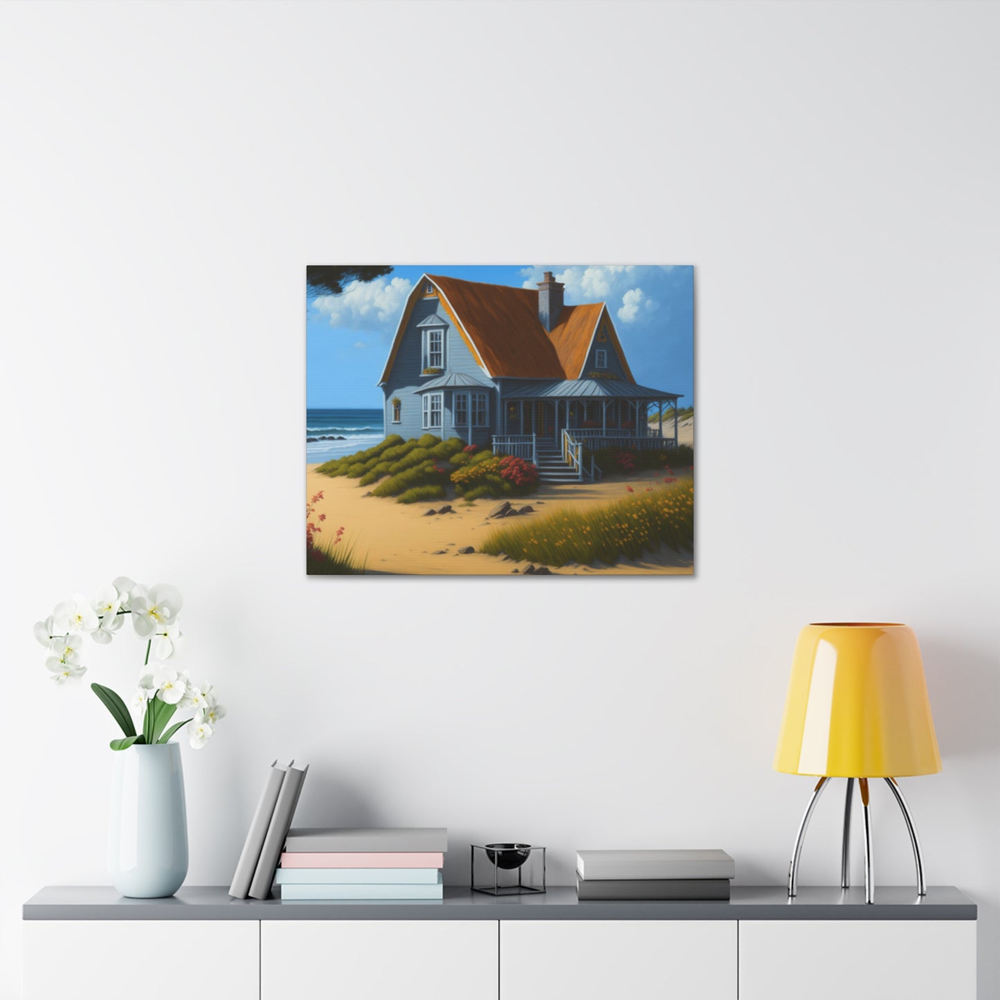 Coastal Retreat: Beach Cottage Canvas Wrap, Idyllic Coastal Landscapes, Serene Ocean Views, and Beachside Escapes, Sand Beaches.