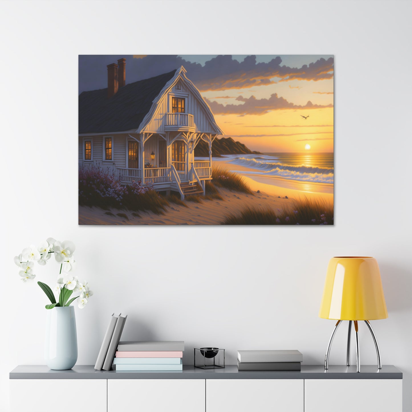 Coastal Retreat: Beach Cottage Canvas Wrap, Idyllic Coastal Landscapes, Serene Ocean Views, and Beachside Escapes, Sand Beaches.