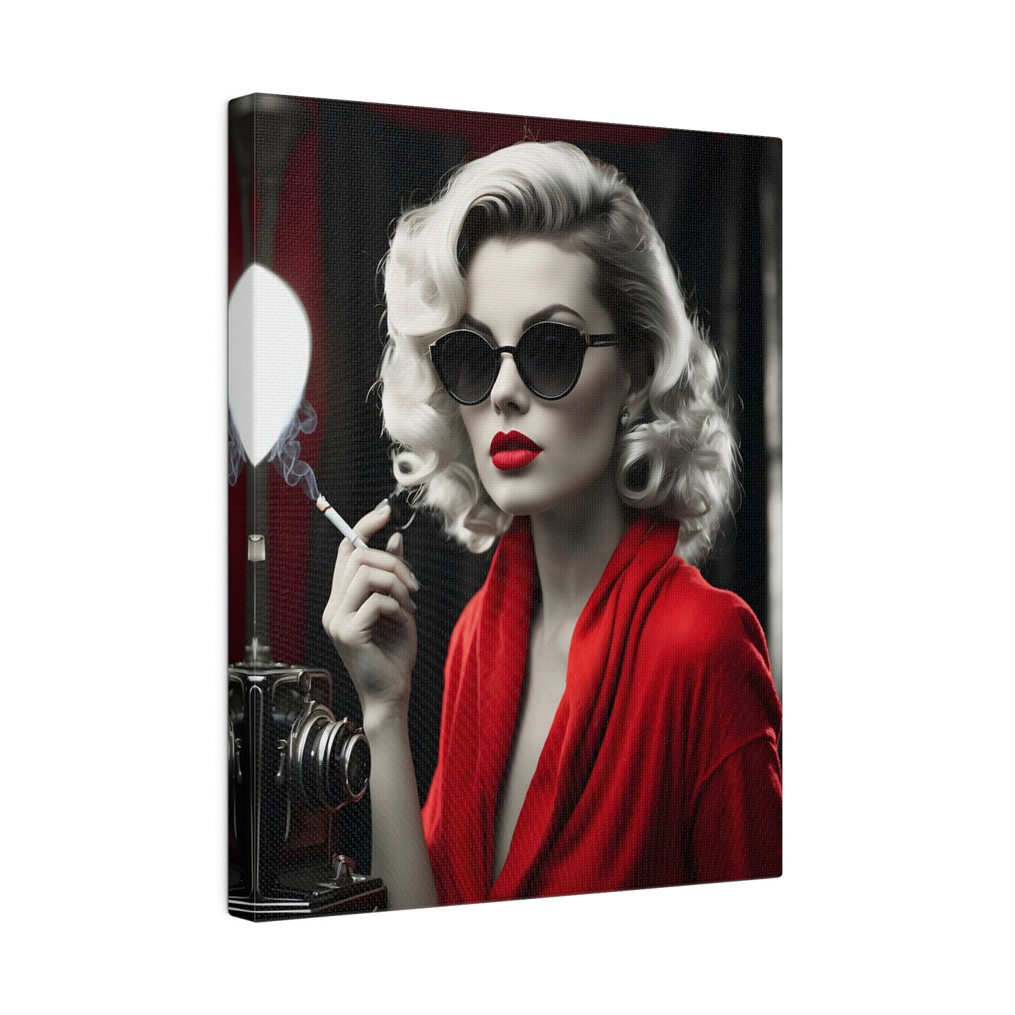 Classic Hollywood Glamour - Timeless Beauty in Red Canvas Print - Vintage-Inspired Starlet with Camera - Available from 8x10 to 32x48 inches