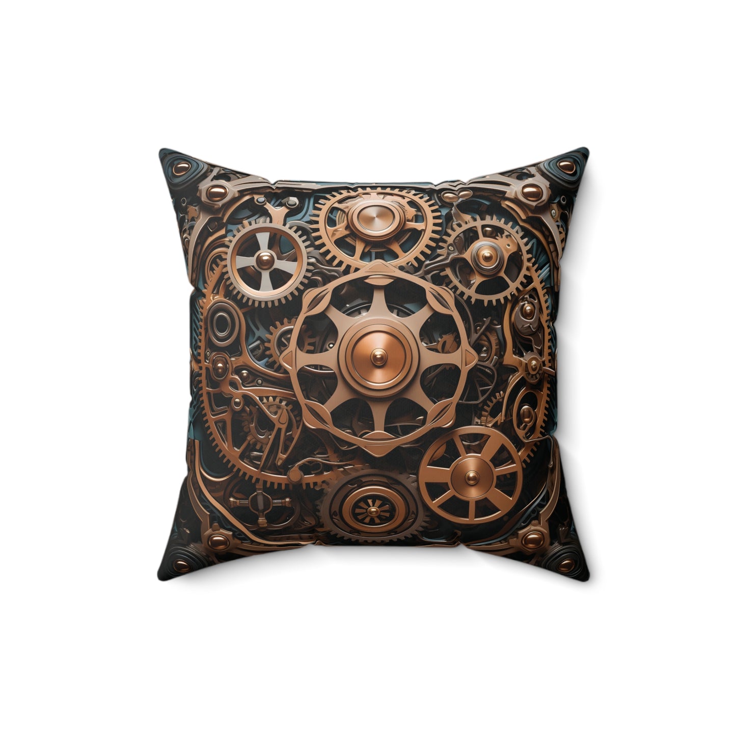 Steampunk Throw Pillow - Golden Gears on Blue, Spun Square Polyester Cushion for Home Decor, Unique Gift for Sci-Fi Fans