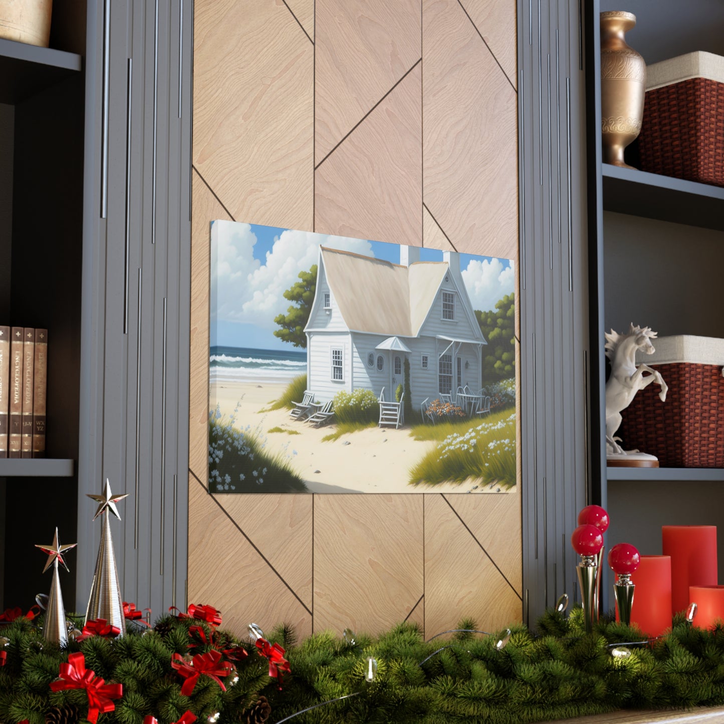 Coastal Retreat: Beach Cottage Canvas Wrap, Idyllic Coastal Landscapes, Serene Ocean Views, and Beachside Escapes, Sand Beaches.