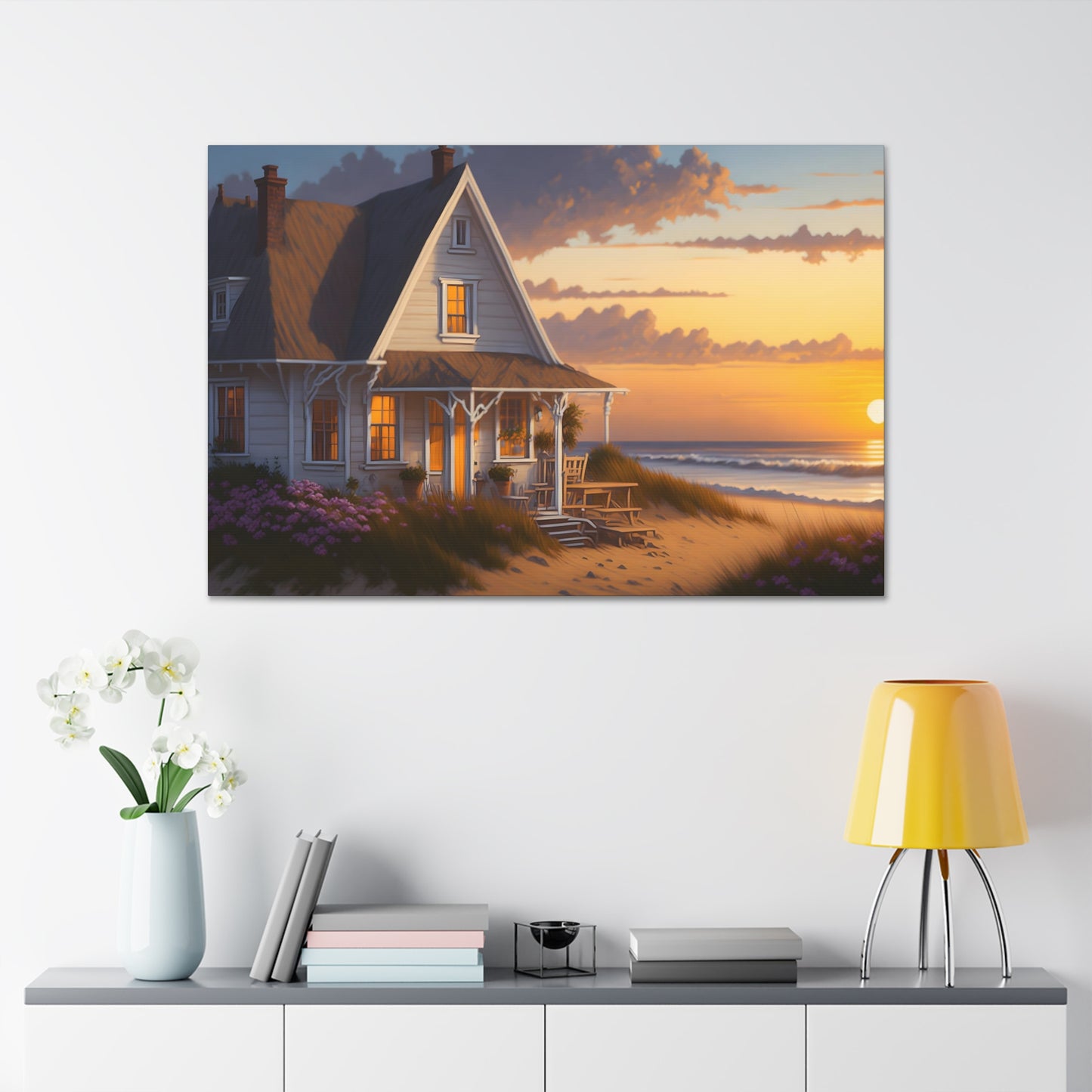 Coastal Retreat: Beach Cottage Canvas Wrap, Idyllic Coastal Landscapes, Serene Ocean Views, and Beachside Escapes Canvas Wrap Art