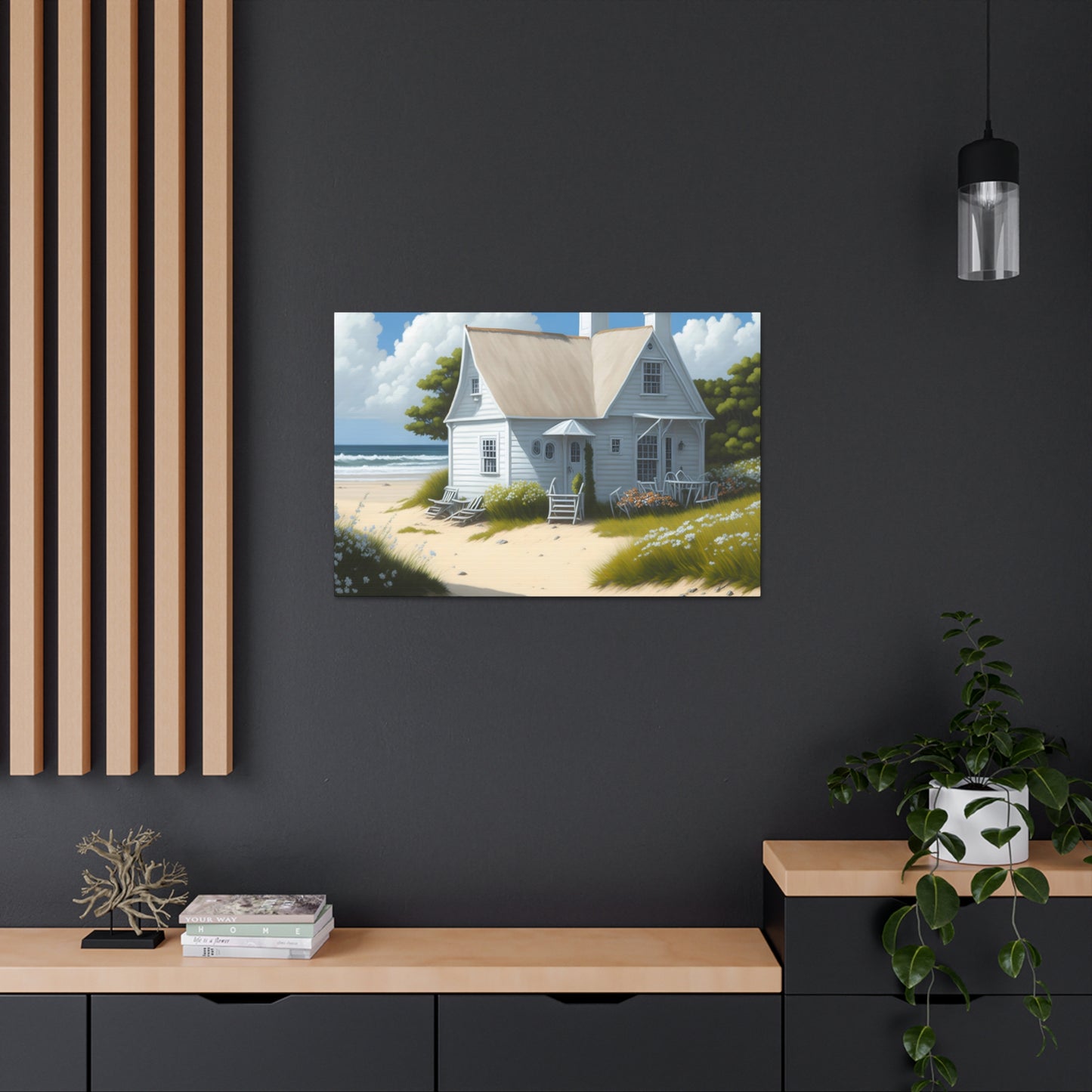 Coastal Retreat: Beach Cottage Canvas Wrap, Idyllic Coastal Landscapes, Serene Ocean Views, and Beachside Escapes, Sand Beaches.